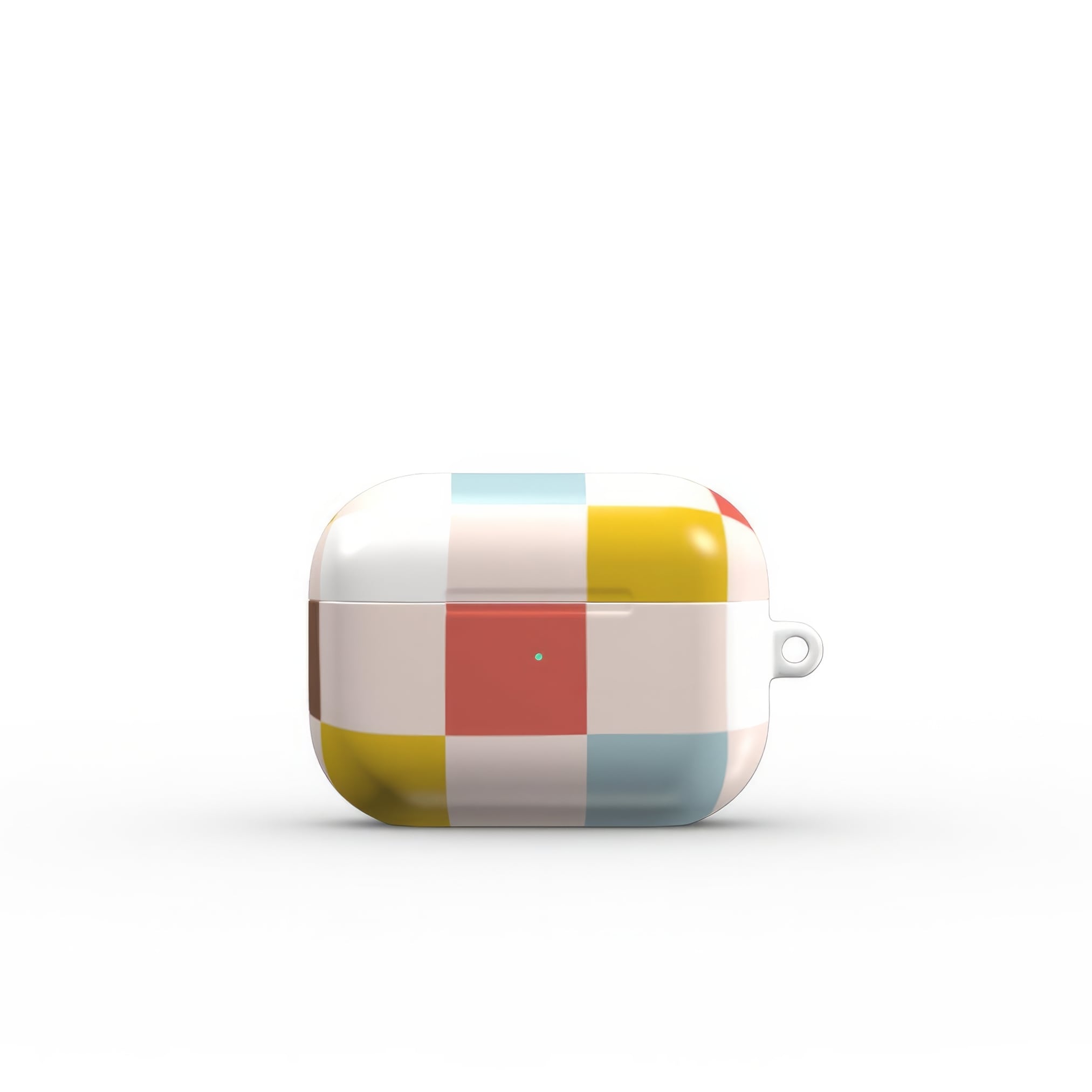 AirPods Pro tough case Pixel Grid Vintage pattern design with a bold color blocks in pixel and stripes modern style, featuring an elegant and expressive aesthetic design. Main colors are pastel with pink, brown, muted red and light sky blue. Closed front view.