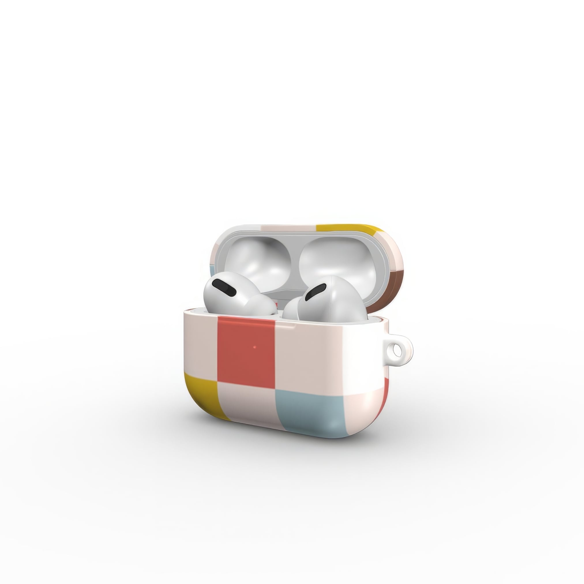 AirPods Pro tough case Pixel Grid Vintage pattern design with a bold color blocks in pixel and stripes modern style, featuring an elegant and expressive aesthetic design. Main colors are pastel with pink, brown, muted red and light sky blue. Open side view.