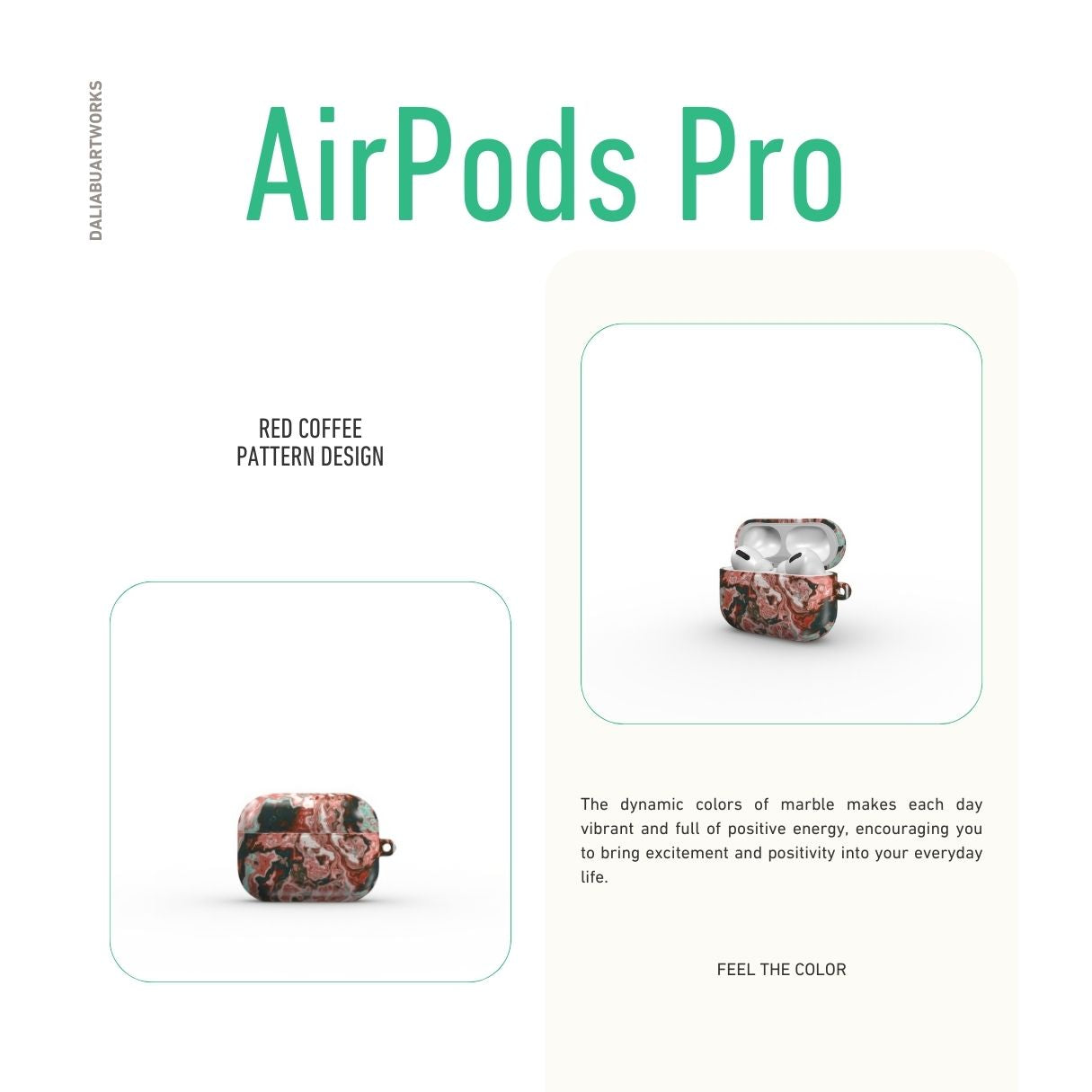 AirPods Pro tough case front view; Red Coffee pattern, artistic, abstract marble pattern. red and light blue color combination.