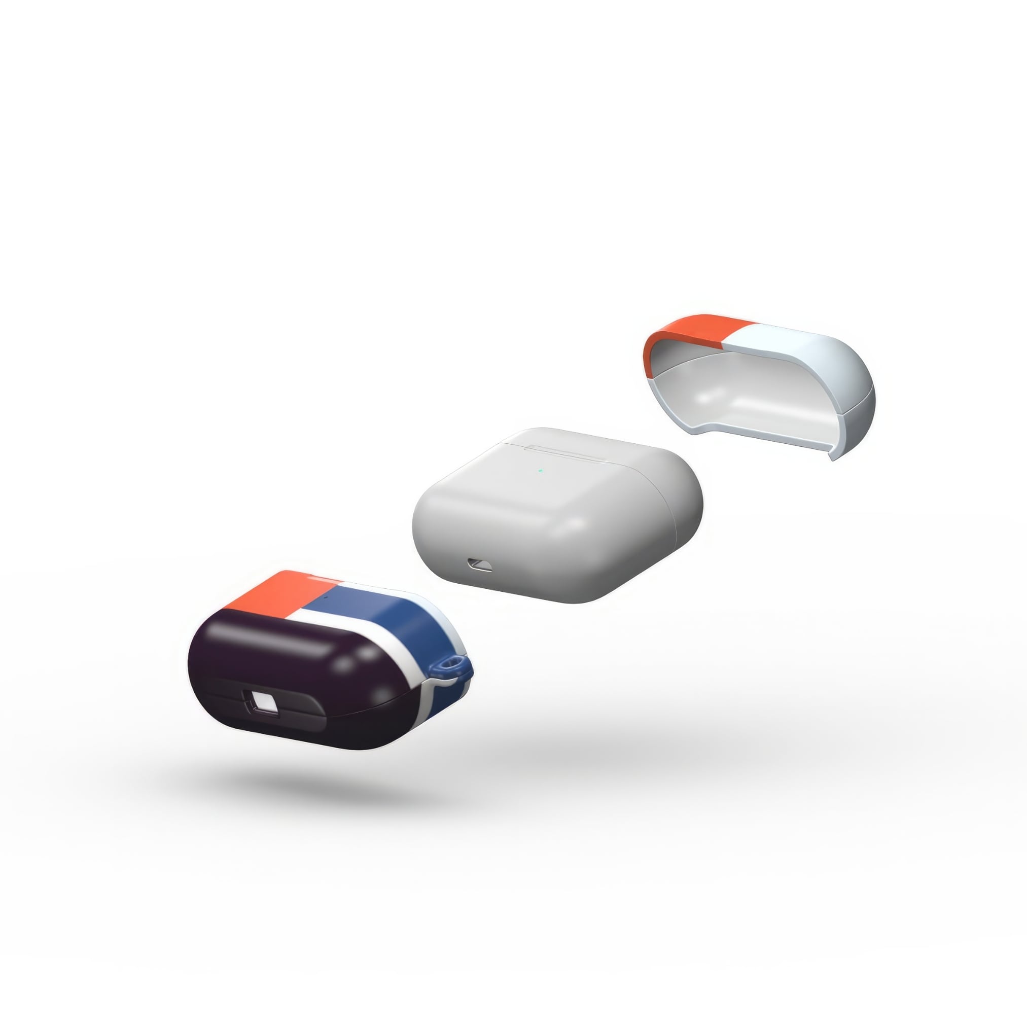 Apple AirPods Pro tough case Retro Stripes 1 pattern design with a bold color blocks in vintage, mid century modern style, featuring an elegant and expressive aesthetic design. Main colors are deep purple, navy, light blue and orange red. Extend view.