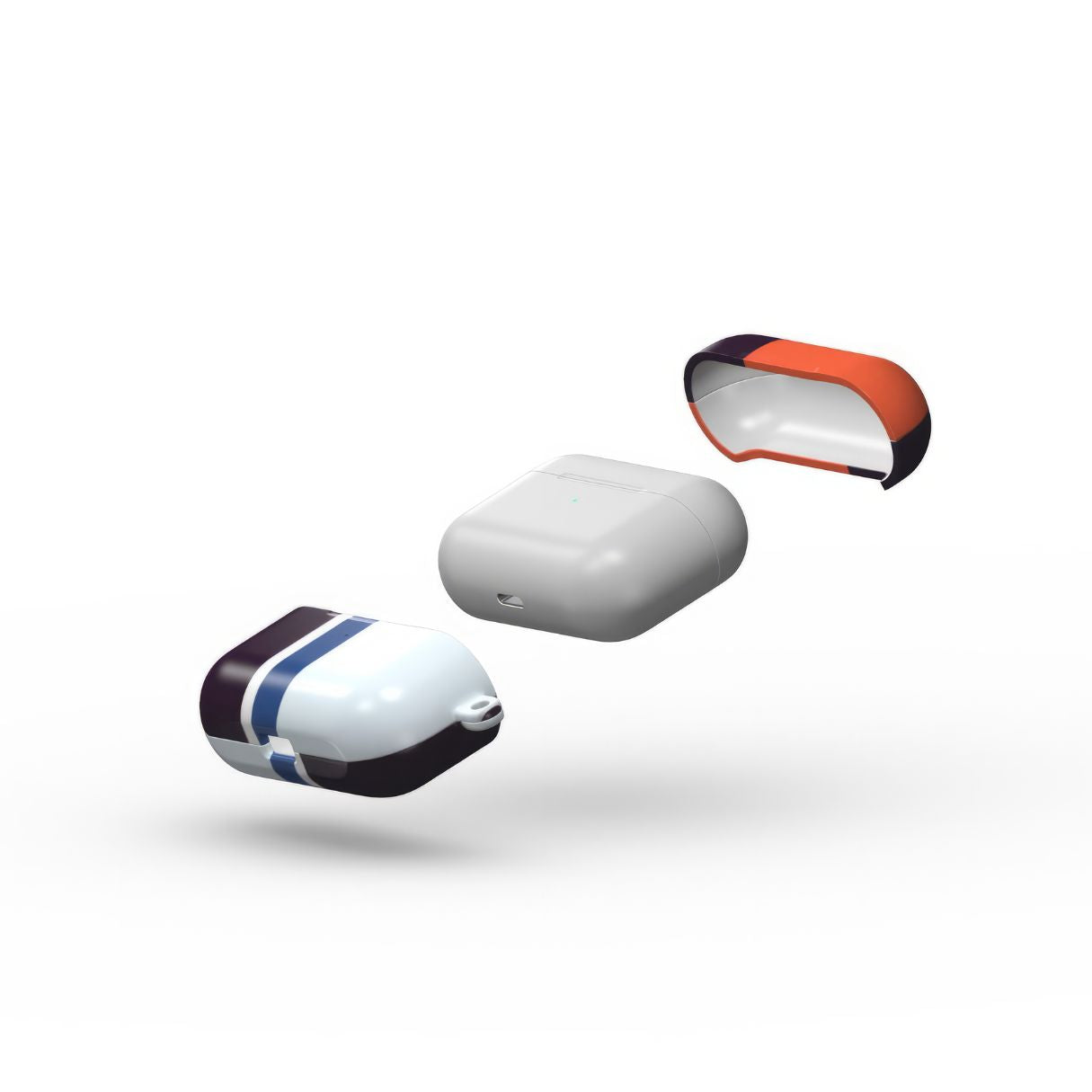 Apple AirPods Pro tough case Retro Stripes Blue pattern design with a bold color blocks in vintage, mid century modern style, featuring an elegant and expressive aesthetic design. Main colors are deep purple, navy, light blue and orange red. Extend view.
