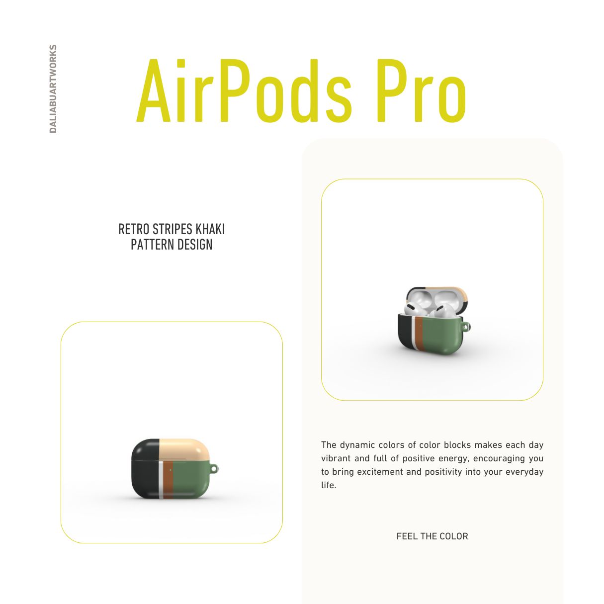 Apple AirPods Pro tough case Retro Stripes Khaki pattern design with a bold color blocks in vintage, mid century modern style, featuring an elegant and expressive aesthetic design. Main colors are khaki, dark green, brown and cappuccino. Front view.