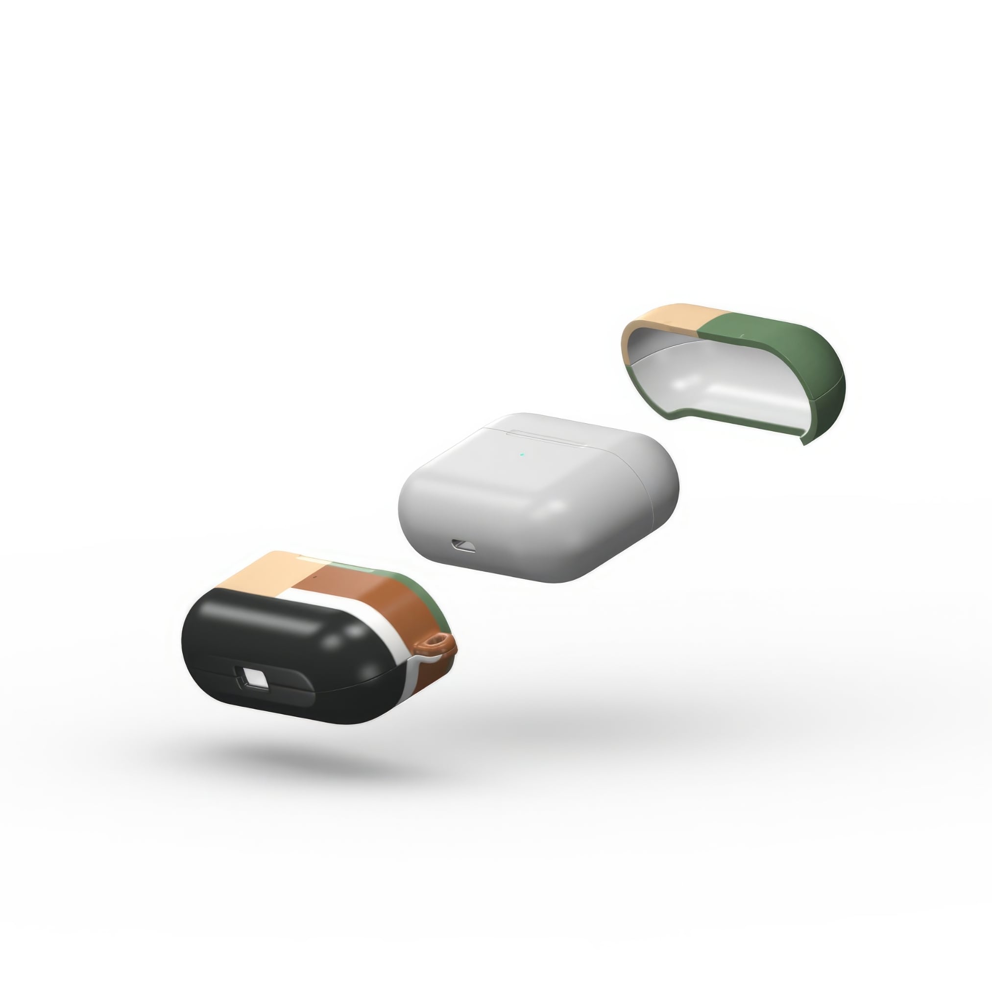 Apple AirPods Pro tough case Retro Stripes Khaki pattern design with a bold color blocks in vintage, mid century modern style, featuring an elegant and expressive aesthetic design. Main colors are khaki, dark green, brown and cappuccino. Extend view.