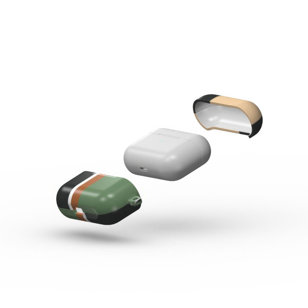 Apple AirPods Pro tough case Retro Stripes Khaki pattern design with a bold color blocks in vintage, mid century modern style, featuring an elegant and expressive aesthetic design. Main colors are khaki, dark green, brown and cappuccino. Extend view.