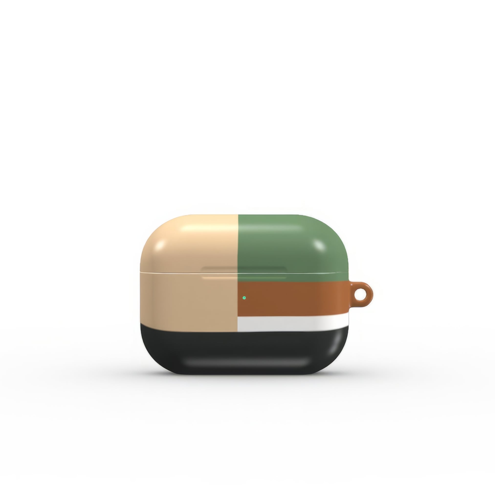 Apple AirPods Pro tough case Retro Stripes Khaki pattern design with a bold color blocks in vintage, mid century modern style, featuring an elegant and expressive aesthetic design. Main colors are khaki, dark green, brown and cappuccino. Front view.