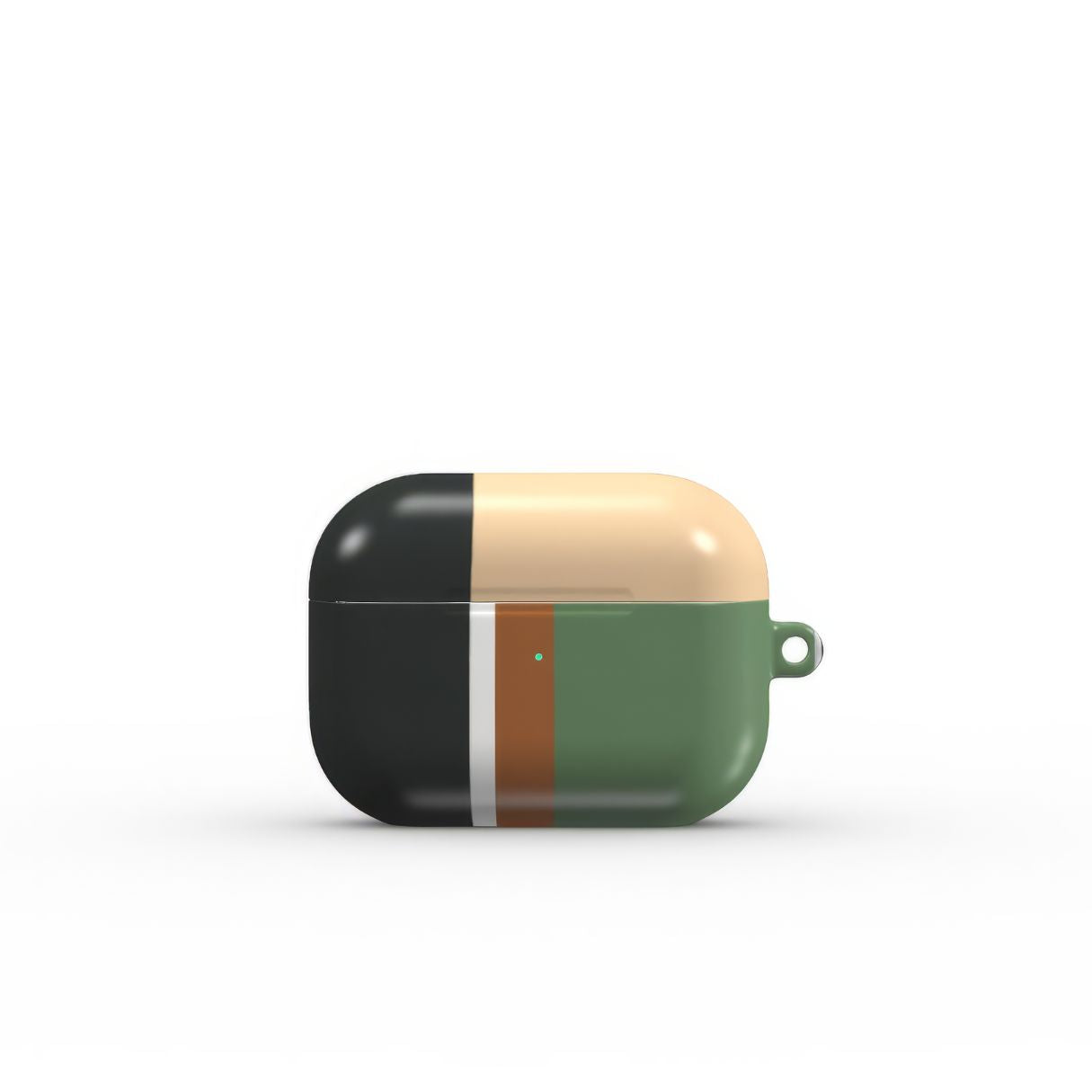 Apple AirPods Pro tough case Retro Stripes Khaki pattern design with a bold color blocks in vintage, mid century modern style, featuring an elegant and expressive aesthetic design. Main colors are khaki, dark green, brown and cappuccino. Front view.