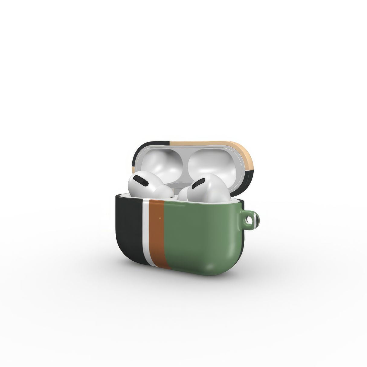 Apple AirPods Pro tough case Retro Stripes Khaki pattern design with a bold color blocks in vintage, mid century modern style, featuring an elegant and expressive aesthetic design. Main colors are khaki, dark green, brown and cappuccino. Sde open view.