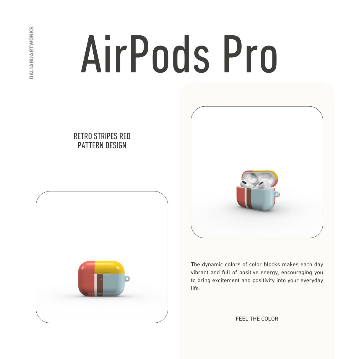AirPods Pro tough case Retro Stripes Red pattern design with a bold color blocks in vintage, mid century modern style, featuring an elegant and expressive aesthetic design. Main colors are yellow, muted red and light blue. Front view.