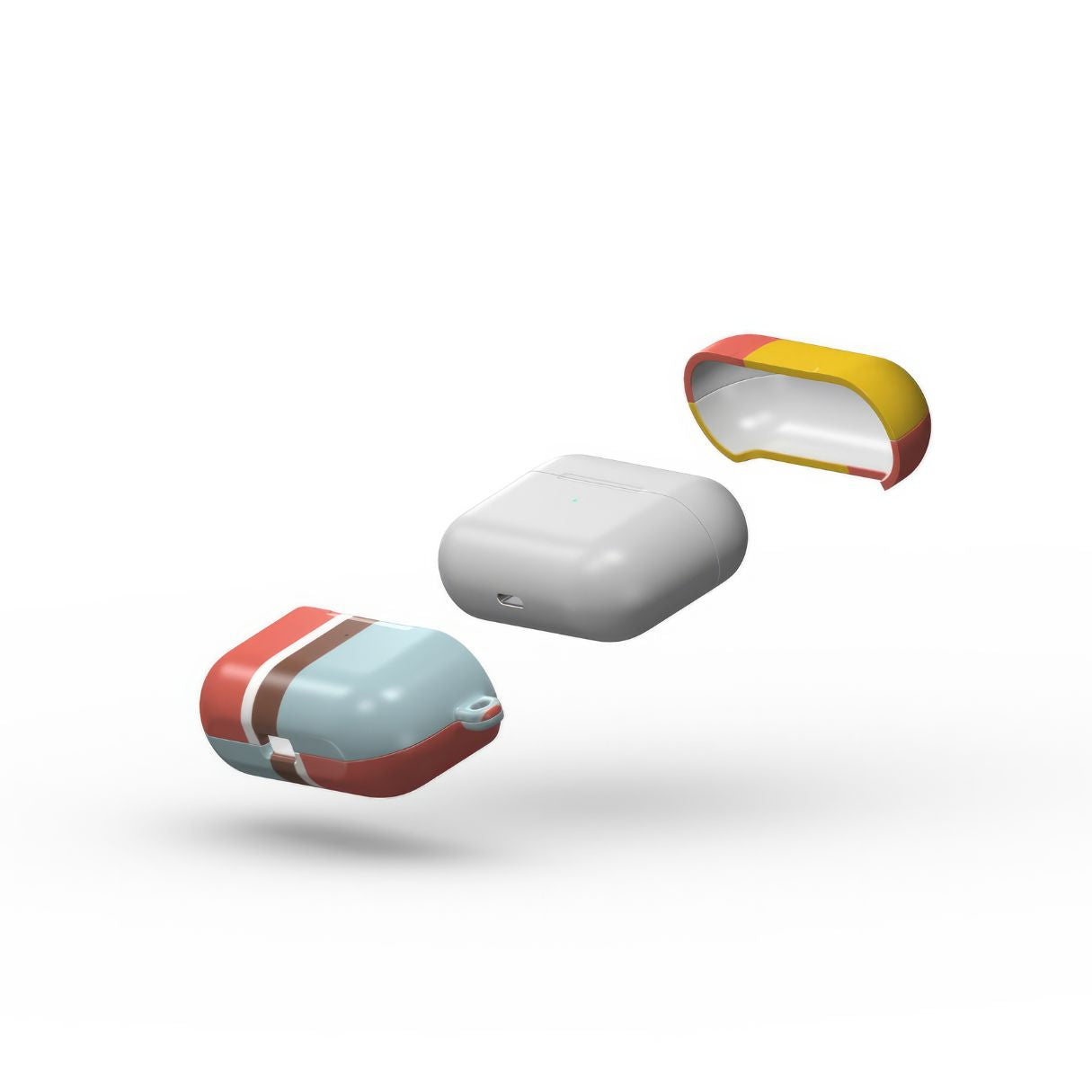 AirPods Pro tough case Retro Stripes Red pattern design with a bold color blocks in vintage, mid century modern style, featuring an elegant and expressive aesthetic design. Main colors are yellow, muted red and light blue. Extend view.