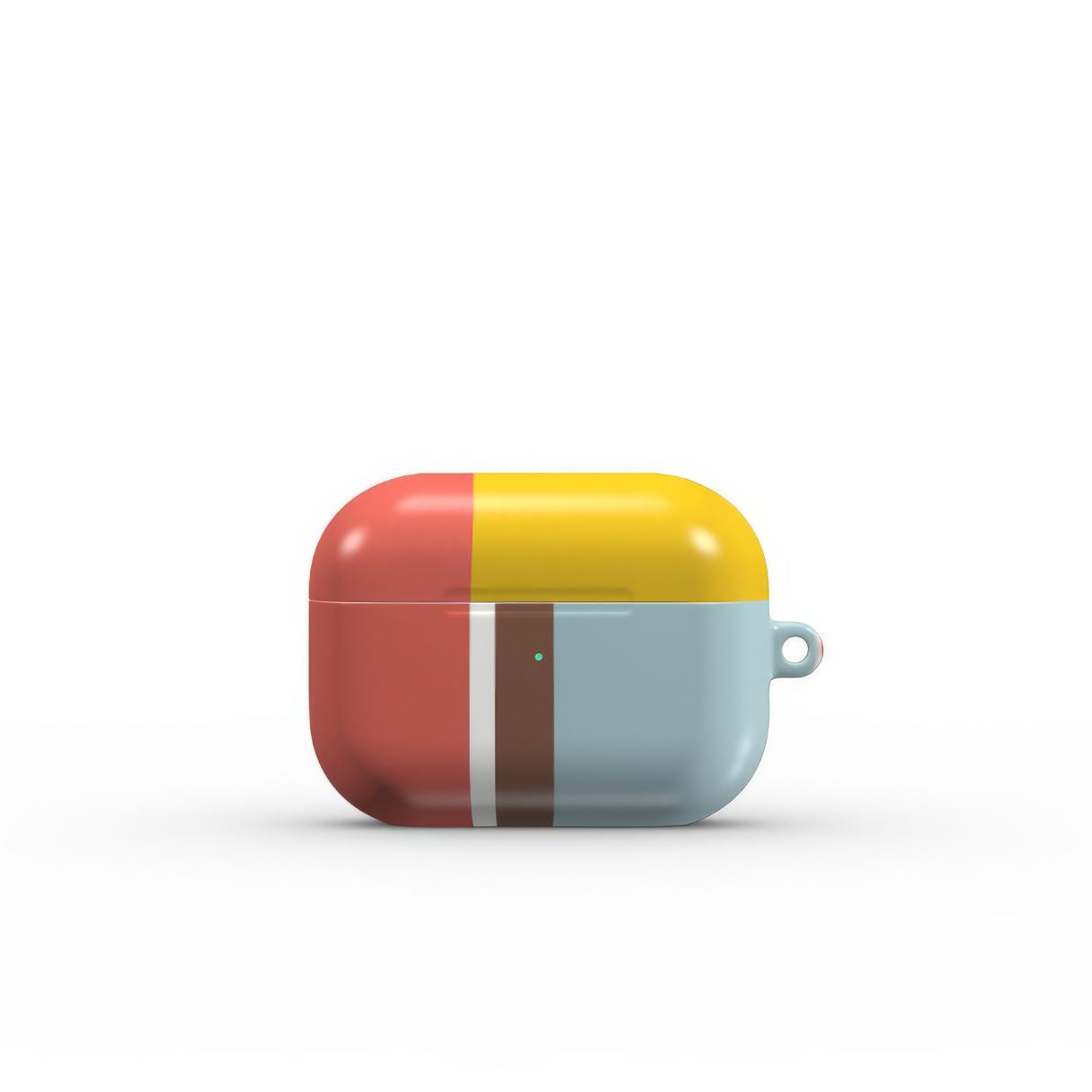 AirPods Pro tough case Retro Stripes Red pattern design with a bold color blocks in vintage, mid century modern style, featuring an elegant and expressive aesthetic design. Main colors are yellow, muted red and light blue. Front view.