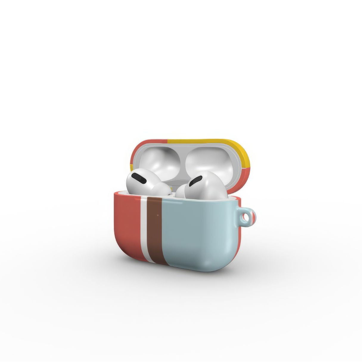 AirPods Pro tough case Retro Stripes Red pattern design with a bold color blocks in vintage, mid century modern style, featuring an elegant and expressive aesthetic design. Main colors are yellow, muted red and light blue. Side open view.