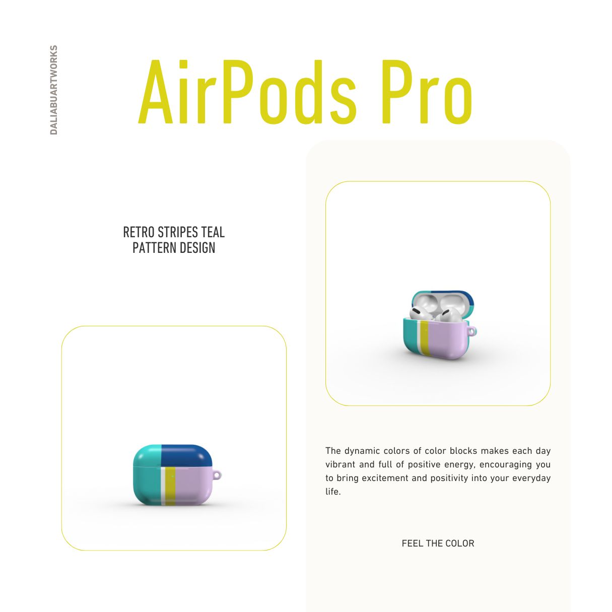 AirPods Pro tough shell case Retro Stripes Teal pattern design with a bold color blocks in vintage, mid century modern style, featuring an elegant and expressive aesthetic design. Main colors are navy blue, teal green, lilac and yellow. Front view.