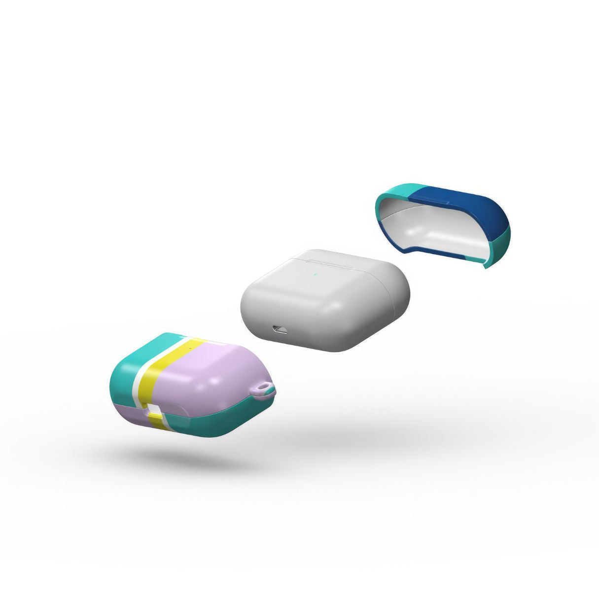AirPods Pro tough shell case Retro Stripes Teal pattern design with a bold color blocks in vintage, mid century modern style, featuring an elegant and expressive aesthetic design. Main colors are navy blue, teal green, lilac and yellow. Extend view.