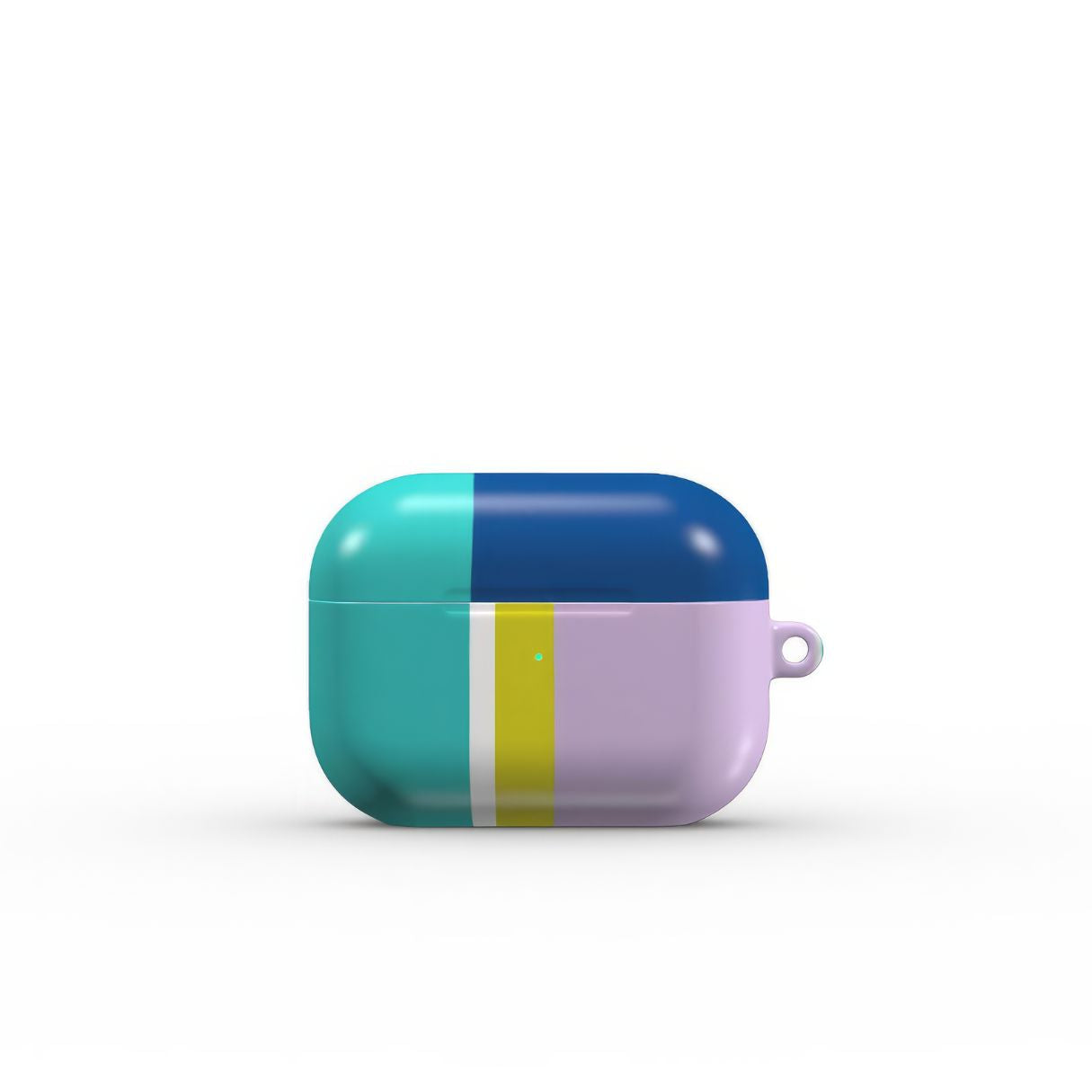 AirPods Pro tough shell case Retro Stripes Teal pattern design with a bold color blocks in vintage, mid century modern style, featuring an elegant and expressive aesthetic design. Main colors are navy blue, teal green, lilac and yellow. Front view.