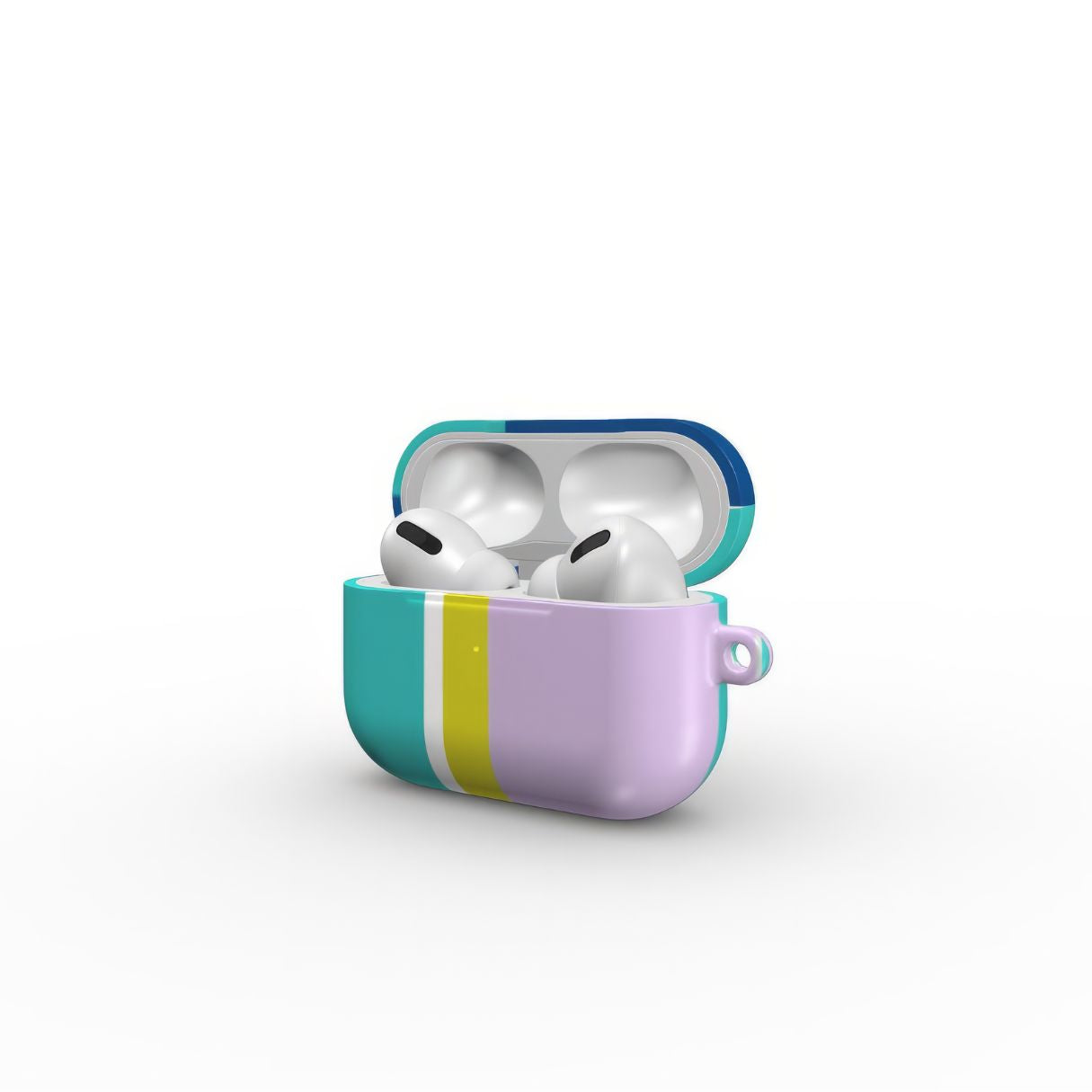 AirPods Pro tough shell case Retro Stripes Teal pattern design with a bold color blocks in vintage, mid century modern style, featuring an elegant and expressive aesthetic design. Main colors are navy blue, teal green, lilac and yellow. Open side view.