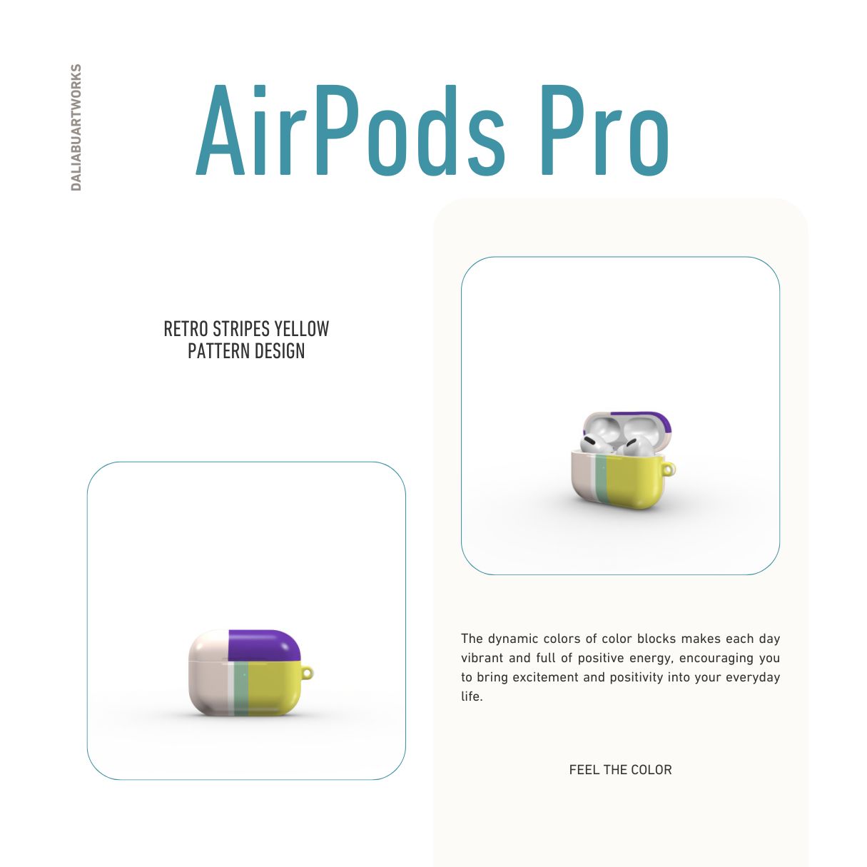 AirPods Pro tough case Retro Stripes Yellow pattern design with a bold color blocks in vintage, mid century modern style, featuring an elegant and expressive aesthetic design. Main colors are mustard yellow, purple and light pink. Front view.