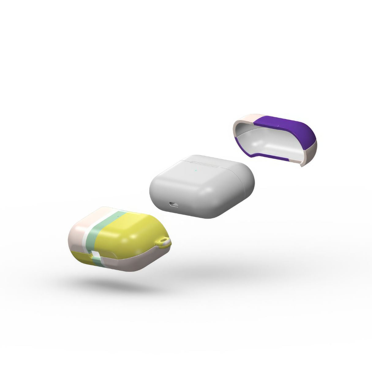 AirPods Pro tough case Retro Stripes Yellow pattern design with a bold color blocks in vintage, mid century modern style, featuring an elegant and expressive aesthetic design. Main colors are mustard yellow, purple and light pink. Extend view.