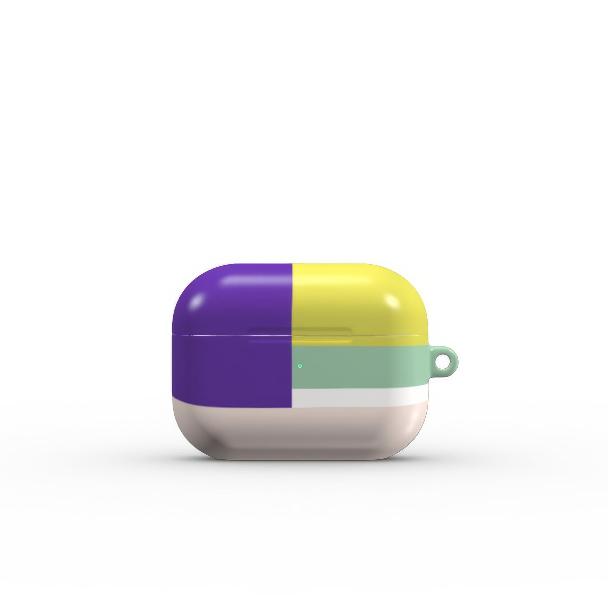 AirPods Pro tough case Retro Stripes Yellow pattern design with a bold color blocks in vintage, mid century modern style, featuring an elegant and expressive aesthetic design. Main colors are mustard yellow, purple and light pink. Front view.