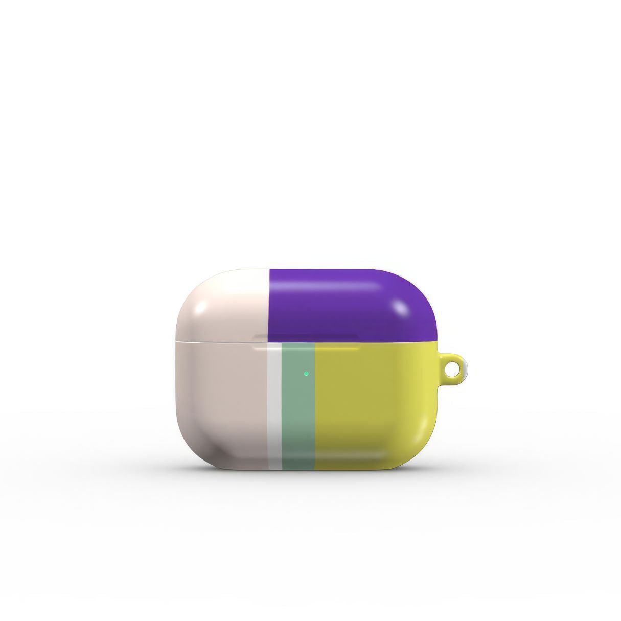 AirPods Pro tough case Retro Stripes Yellow pattern design with a bold color blocks in vintage, mid century modern style, featuring an elegant and expressive aesthetic design. Main colors are mustard yellow, purple and light pink. Front view.