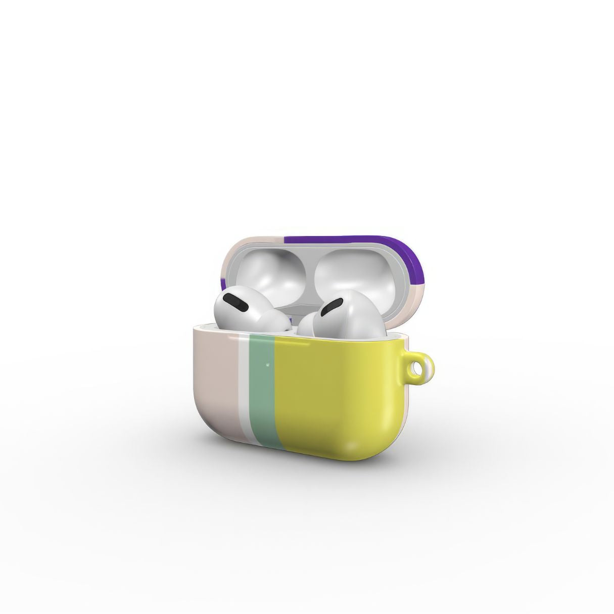 AirPods Pro tough case Retro Stripes Yellow pattern design with a bold color blocks in vintage, mid century modern style, featuring an elegant and expressive aesthetic design. Main colors are mustard yellow, purple and light pink. Side open view.