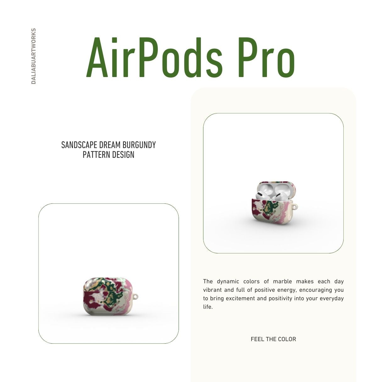 AirPods Pro case with Sandscape Dream Burgundy pattern in artistic, abstract shape. Beige, green and bordeaux color combination. Bold expressive aesthetic design. Colorful and interior fit. Elegant. Description.