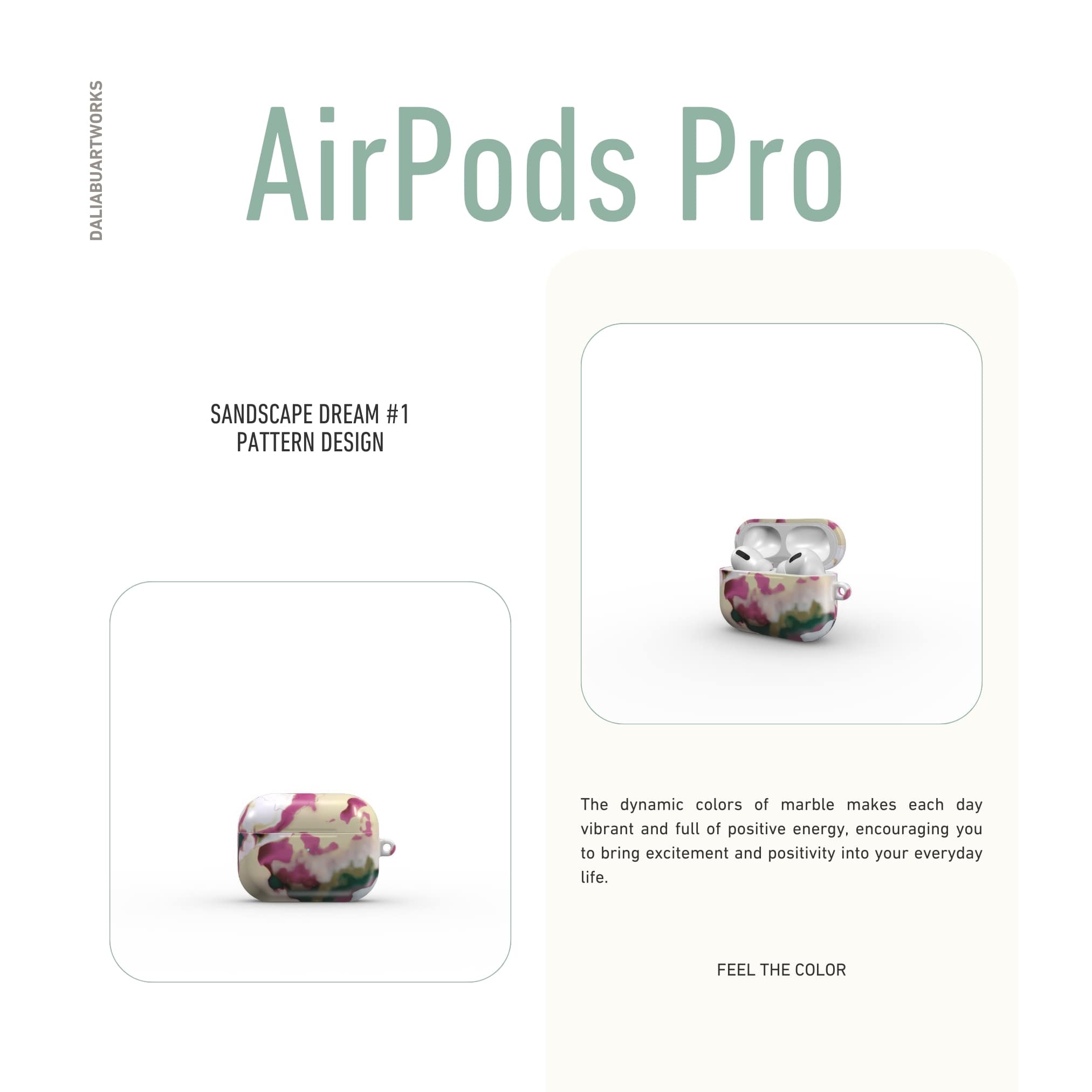 AirPods Pro tough case front view; Sandscape Dream pattern, artistic, abstract marble pattern. Beige and purple color combination.