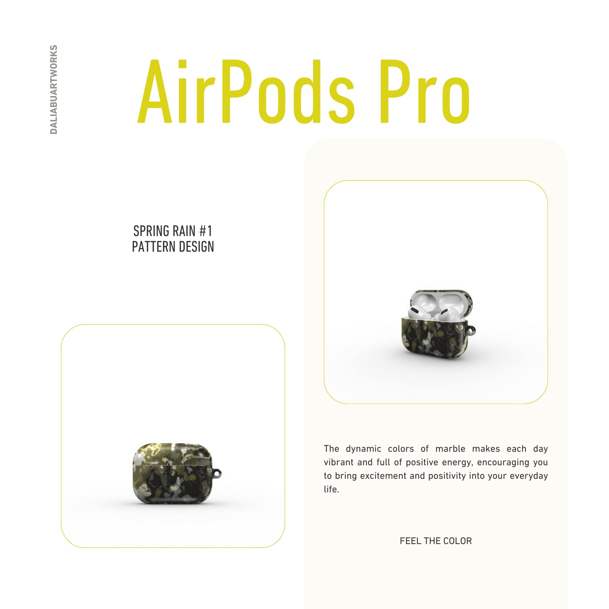 AirPods Pro tough case front view; Spring Rain 1 pattern, artistic, abstract marble pattern. Yellow, black and grey color combination.