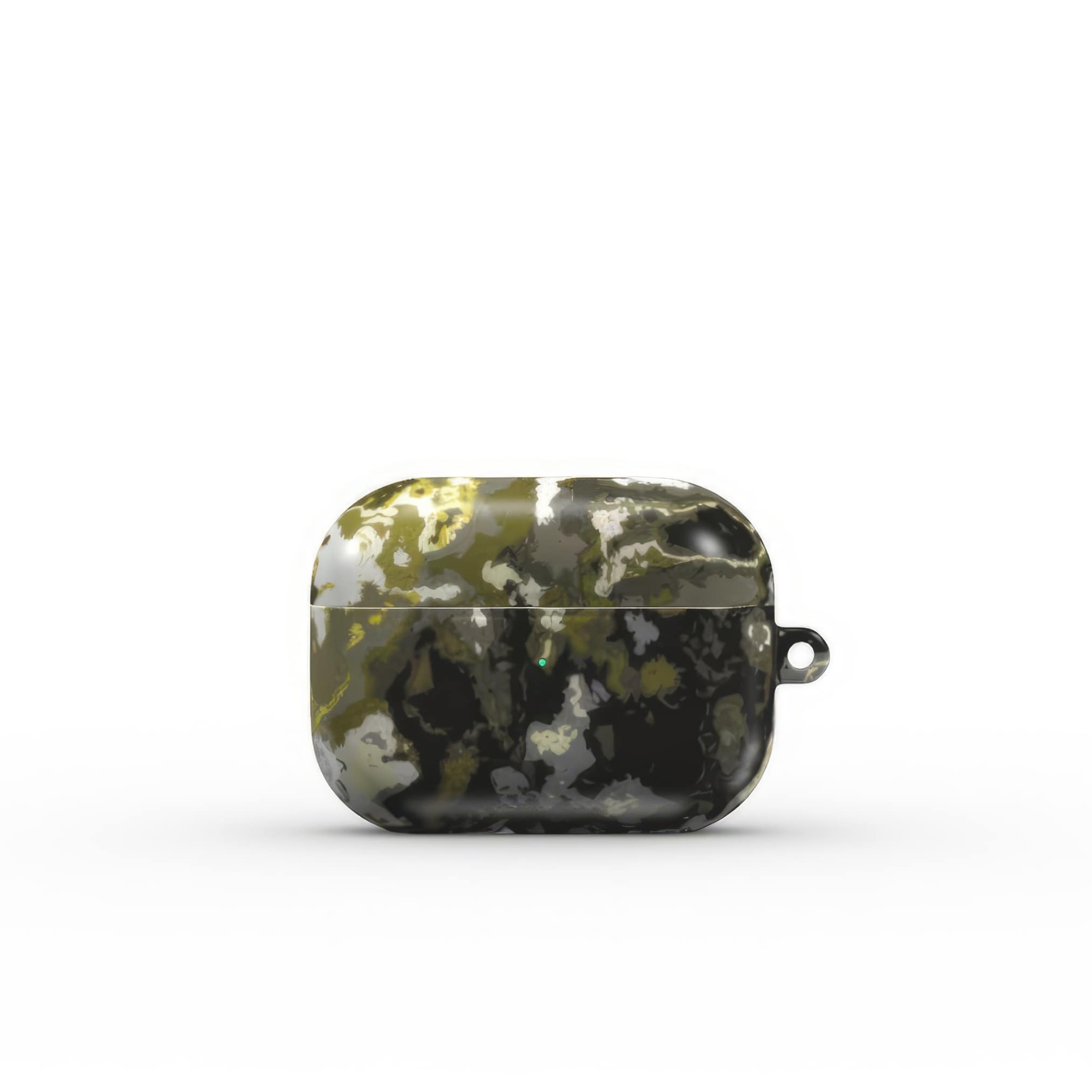 AirPods Pro tough case front view; Spring Rain 1 pattern, artistic, abstract marble pattern. Yellow, black and grey color combination. Bold expressive aesthetic design. Colorful and interior fit. Elegant.