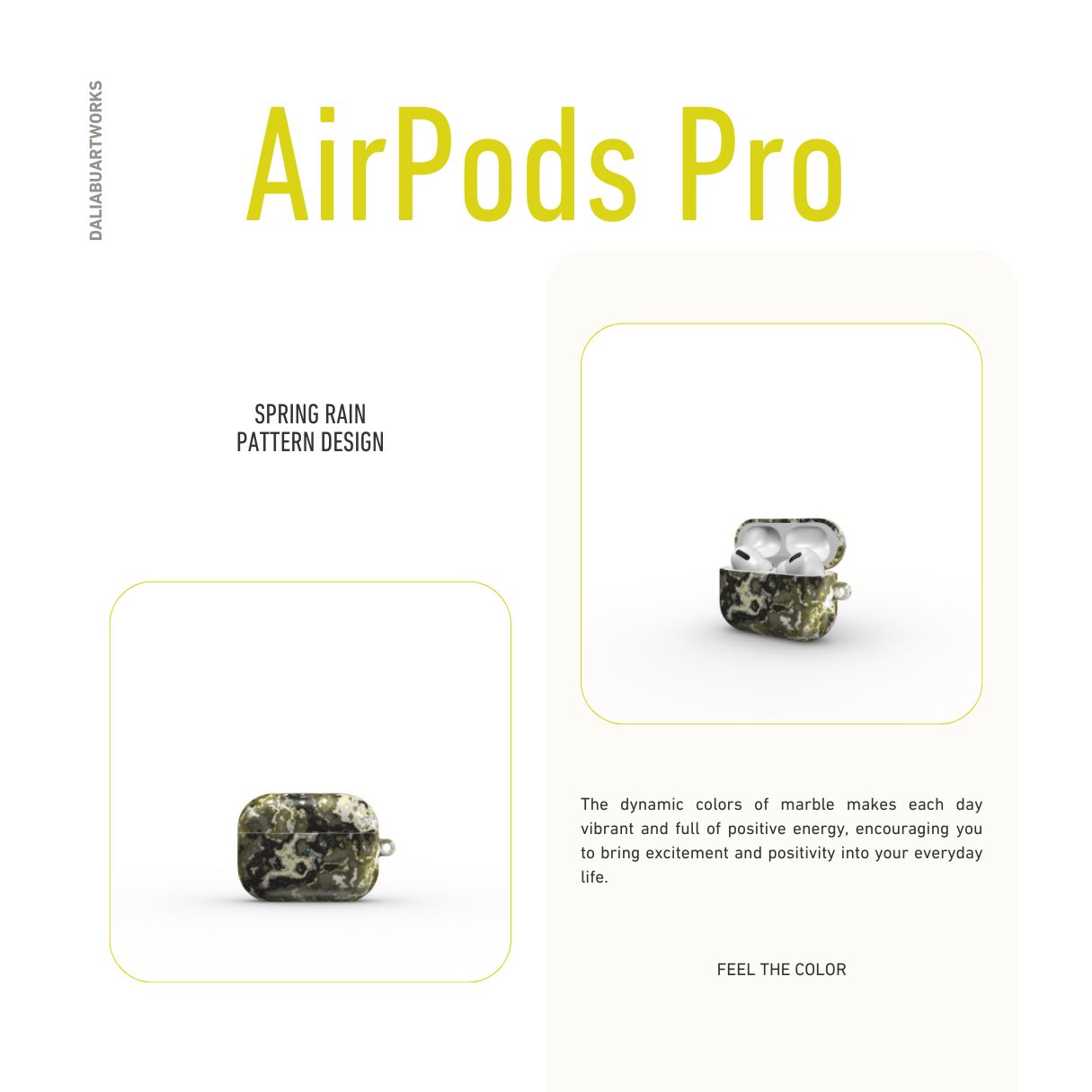 AirPods Pro tough case front view; Spring Rain pattern, artistic, abstract marble pattern. Yellow, black and grey color combination.