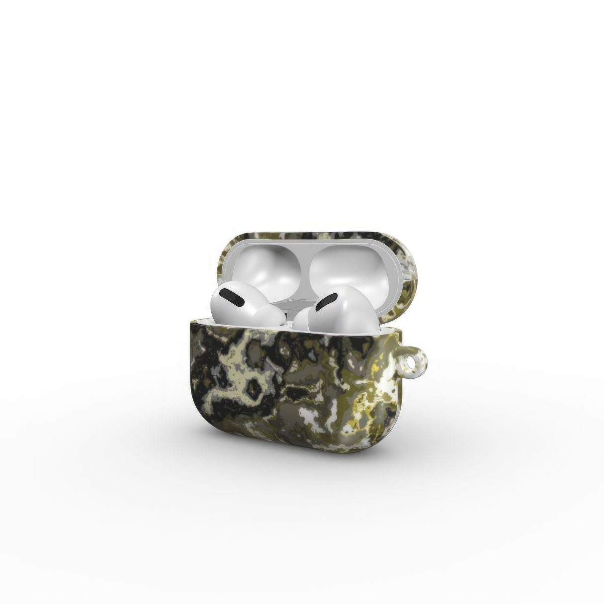 AirPods Pro tough case side open view; Spring Rain pattern, artistic, abstract marble pattern. Yellow, black and grey color combination.