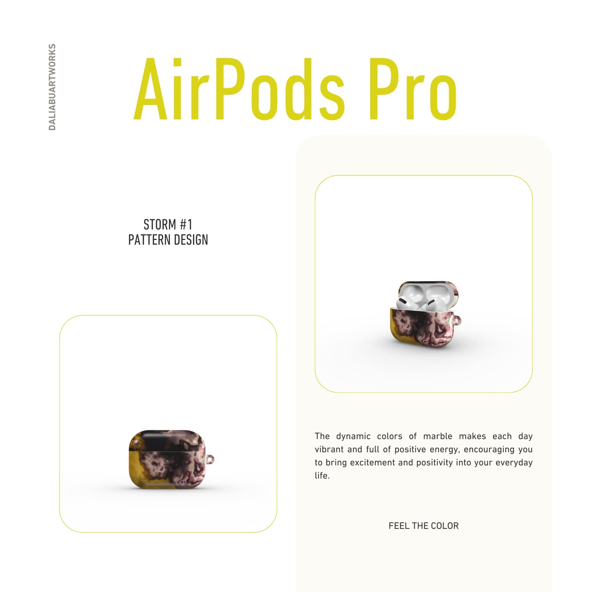 AirPods Pro tough case front view; storm 1 pattern, artistic, abstract marble pattern. Yellow and beige color combination.