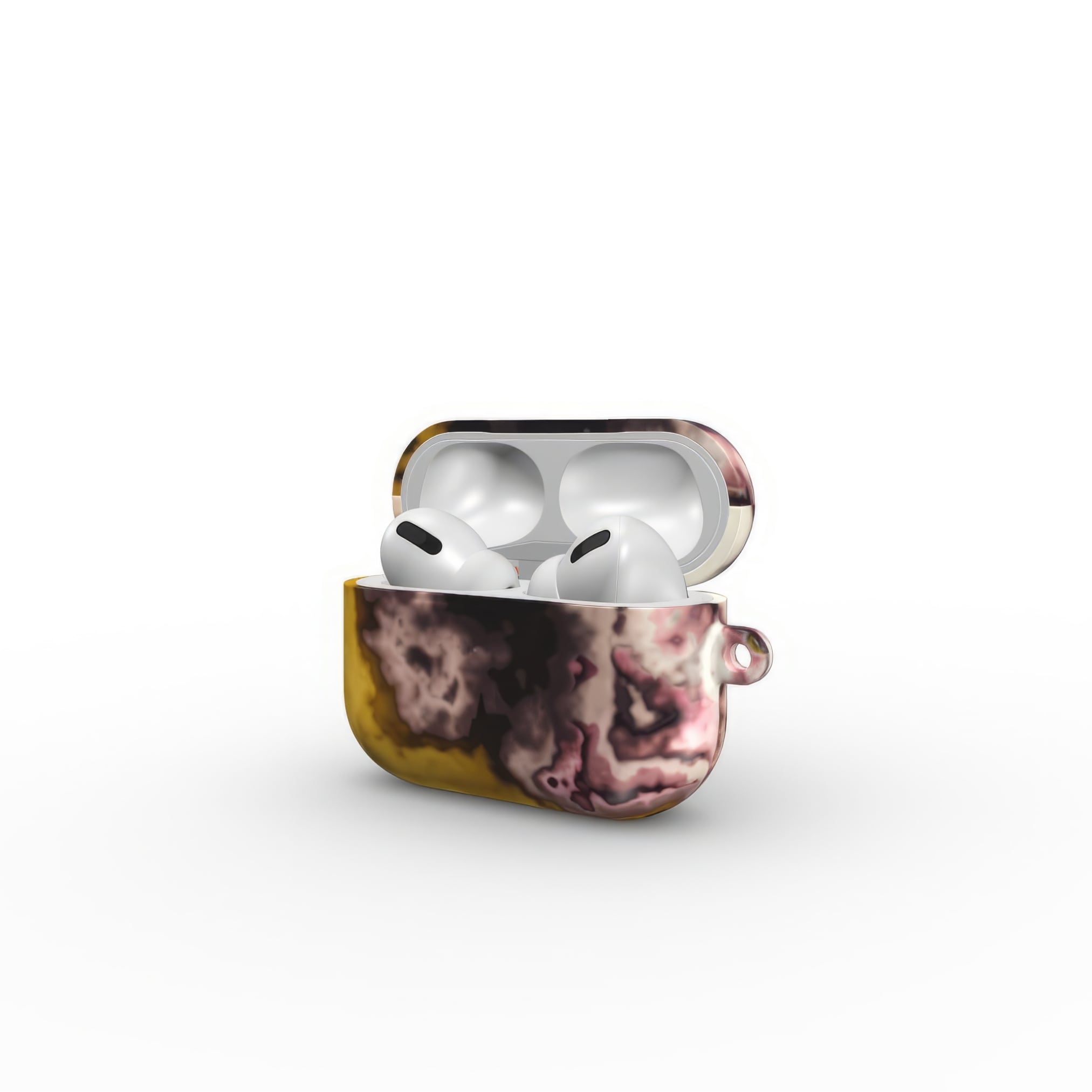 AirPods Pro tough case side open view; storm 1 pattern, artistic, abstract marble pattern. Yellow and beige color combination.