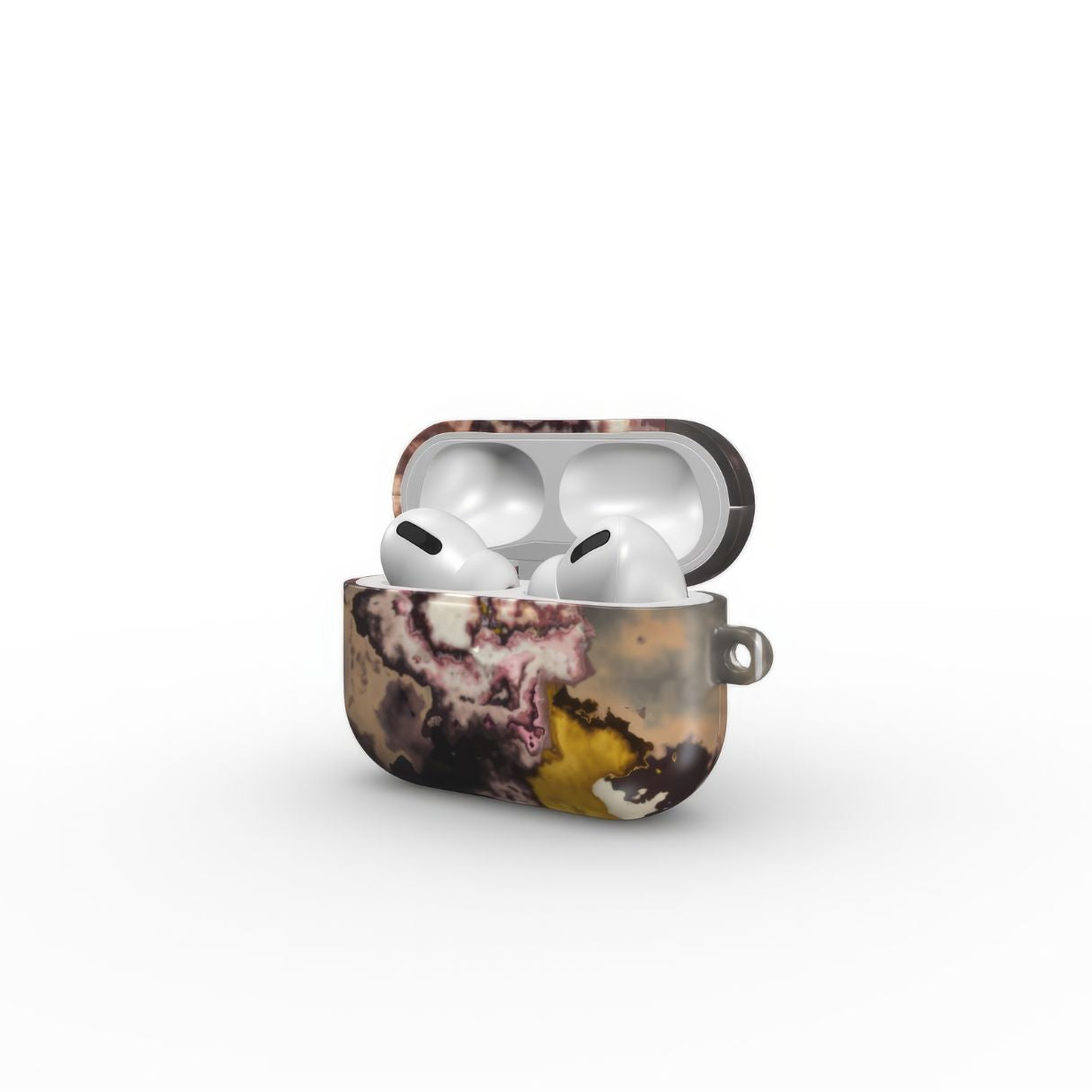 AirPods Pro tough case side open view; Storm pattern, artistic, abstract marble pattern. Yellow and beige color combination.