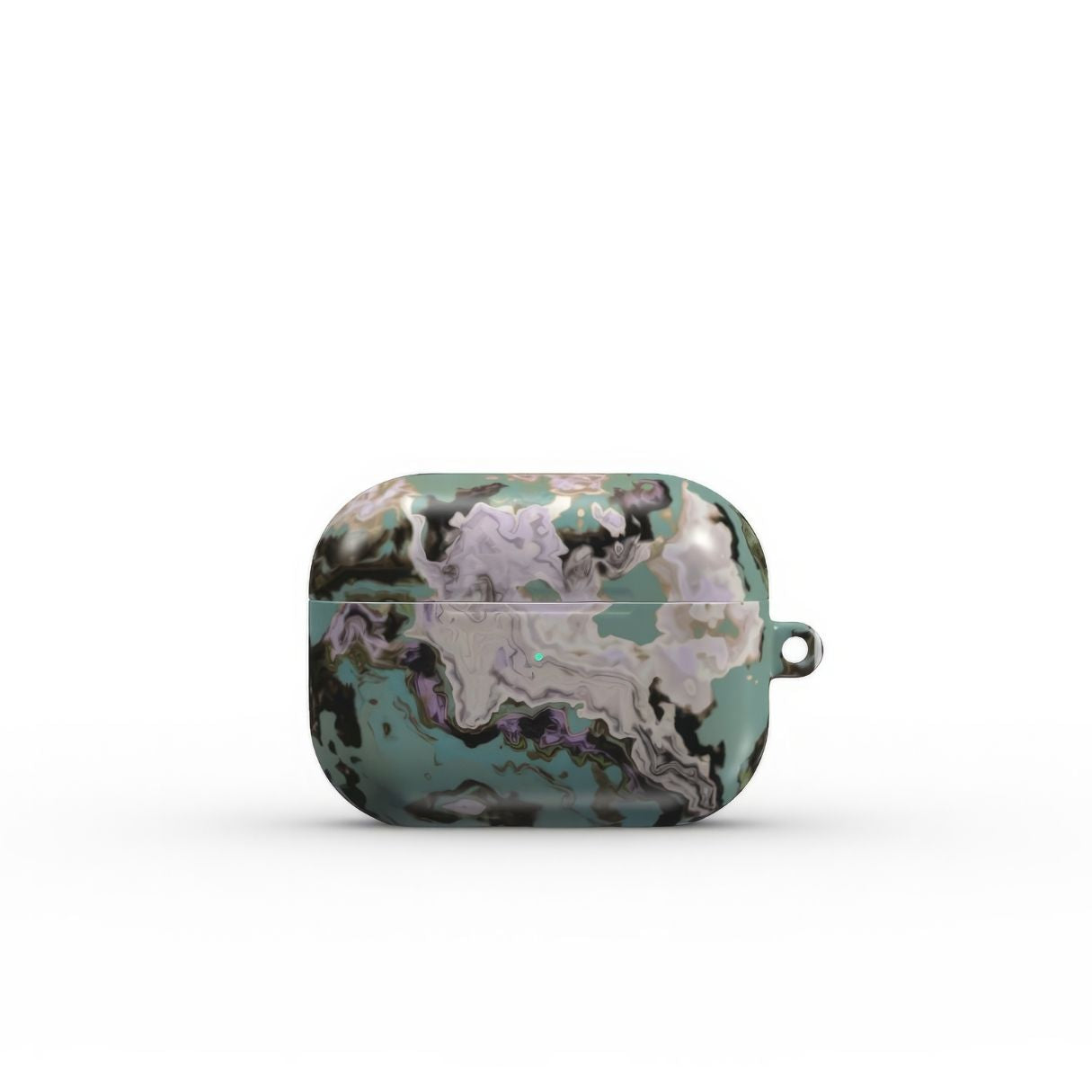 Apple AirPods Pro tough case with a bold vivid pattern in marble abstract and artistic style, featuring an elegant and expressive aesthetic design. Main colors are teal blue and light lilac. Front view.
