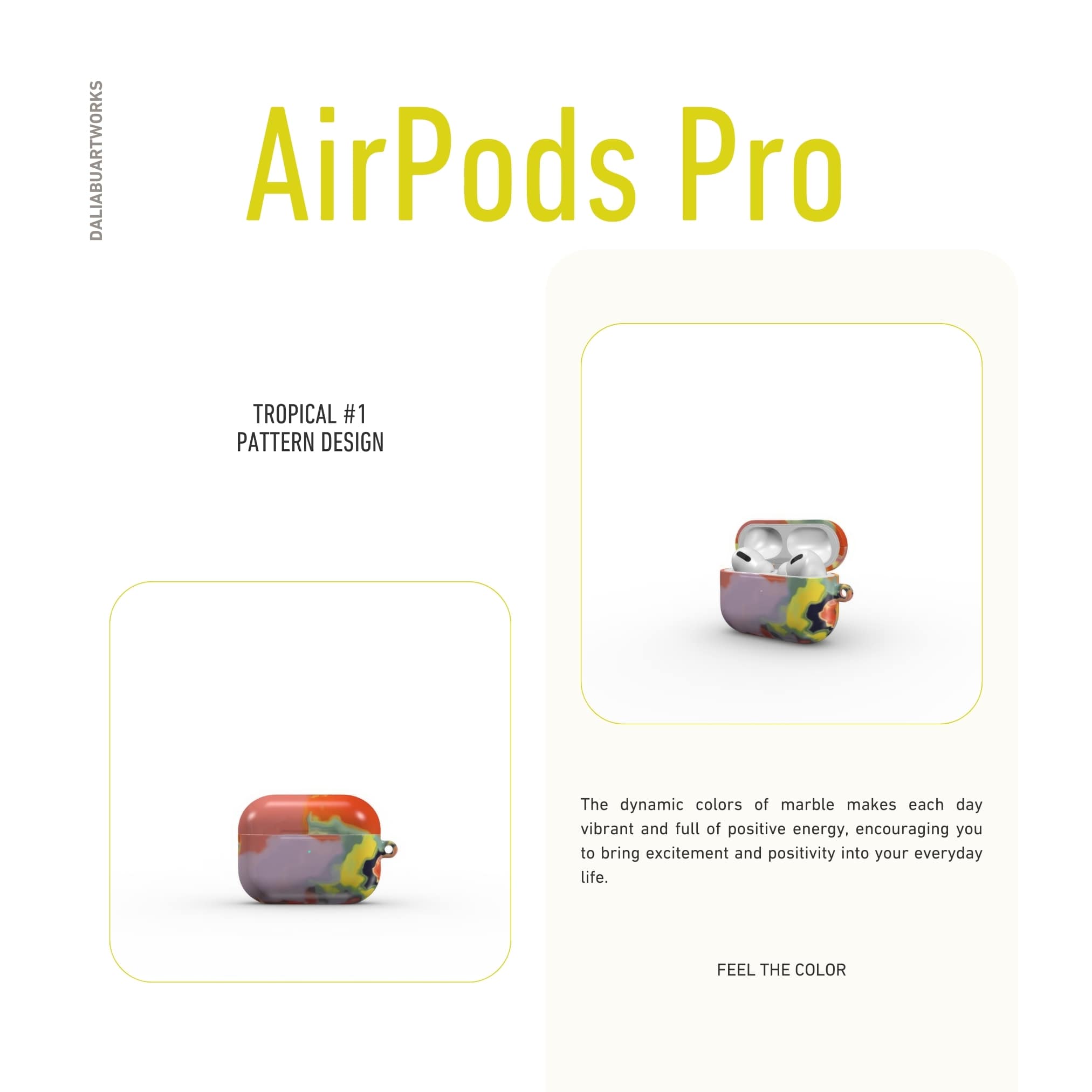 AirPods Pro tough case front view; Tropical 1 pattern, artistic, abstract marble pattern. Orange and purple color combination.