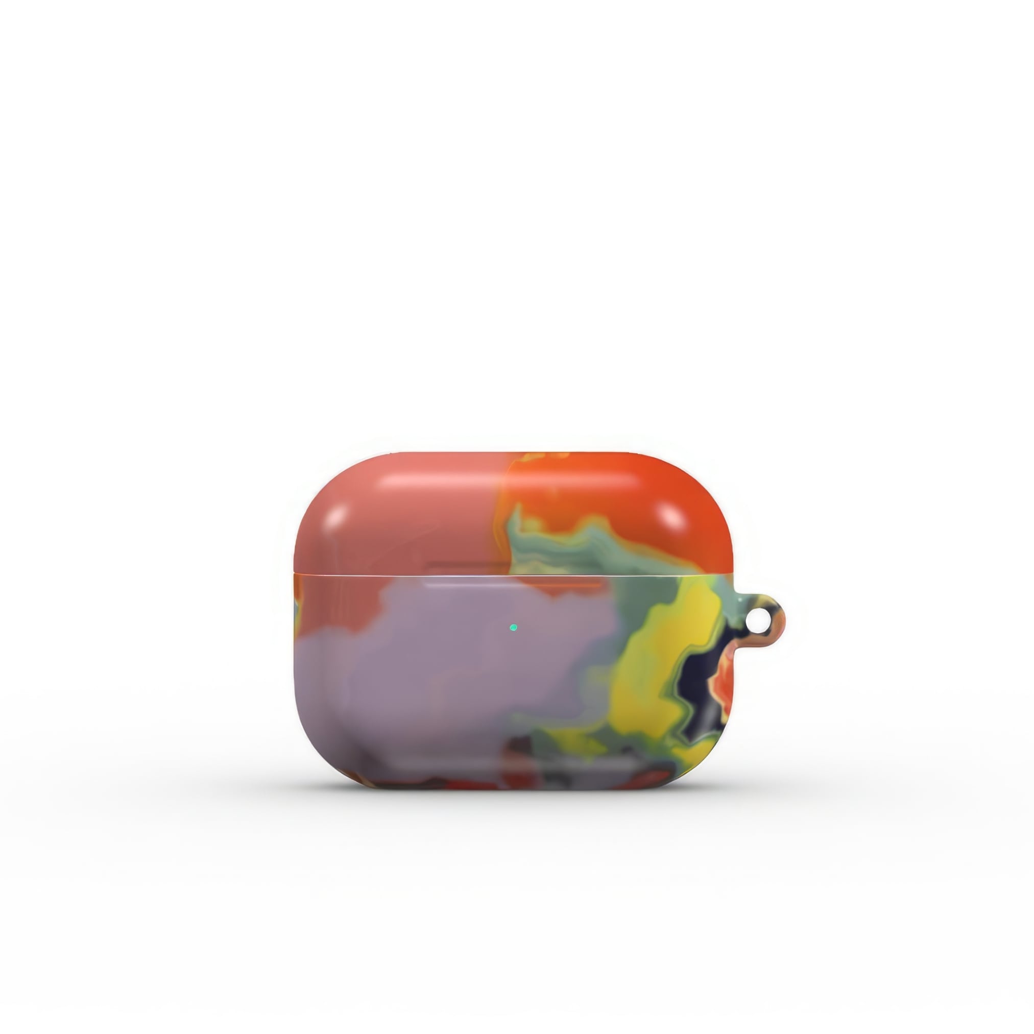 AirPods Pro tough case front view; Tropical 1 pattern, artistic, abstract marble pattern. Orange and purple color combination.
