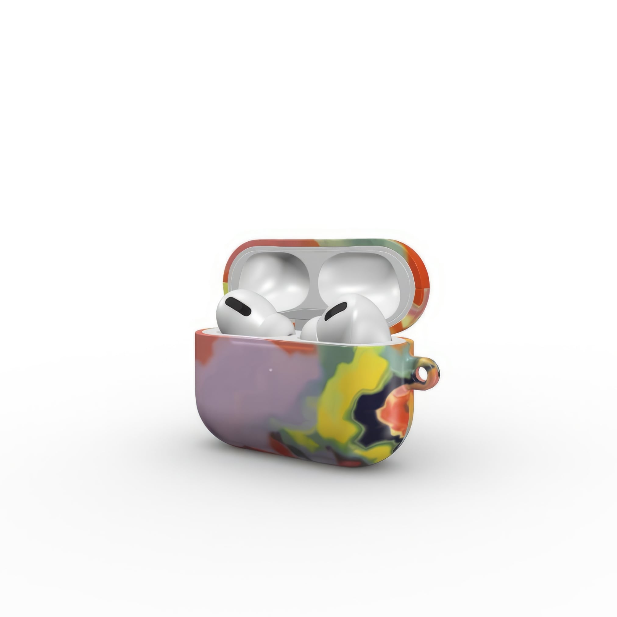 AirPods Pro tough case open side view; Tropical 1 pattern, artistic, abstract marble pattern. Orange and purple color combination.