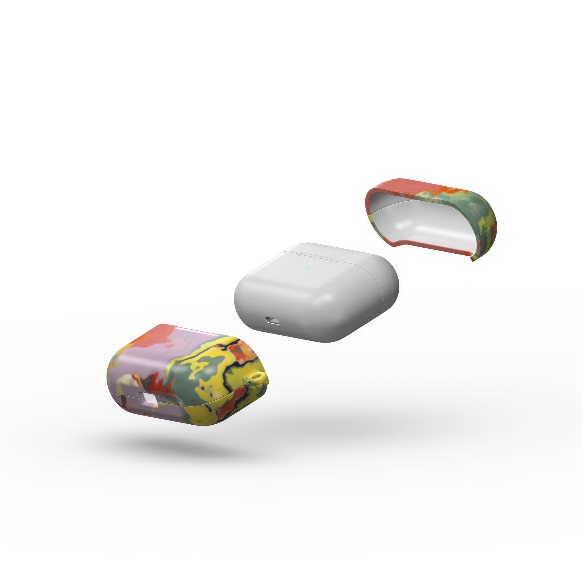 AirPods Pro case extend view; Tropical 2 pattern, artistic, abstract marble pattern. Orange and green color combination.