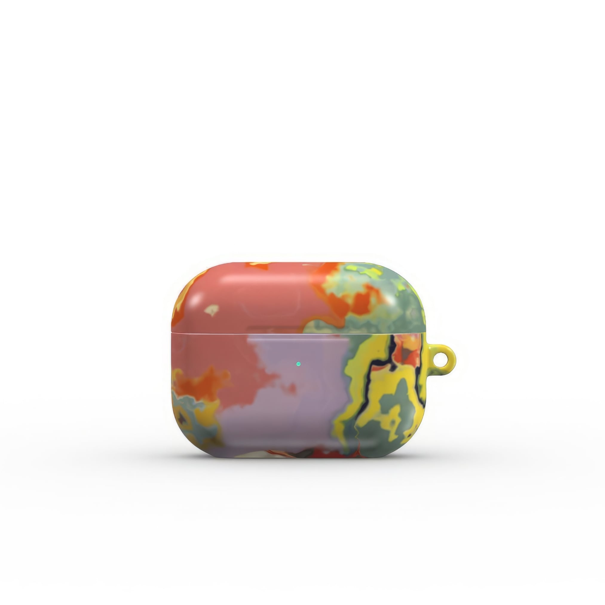 AirPods Pro case closed front view; Tropical 2 pattern, artistic, abstract marble pattern. Orange and green color combination. Bold expressive aesthetic design. Colorful and interior fit. Elegant.