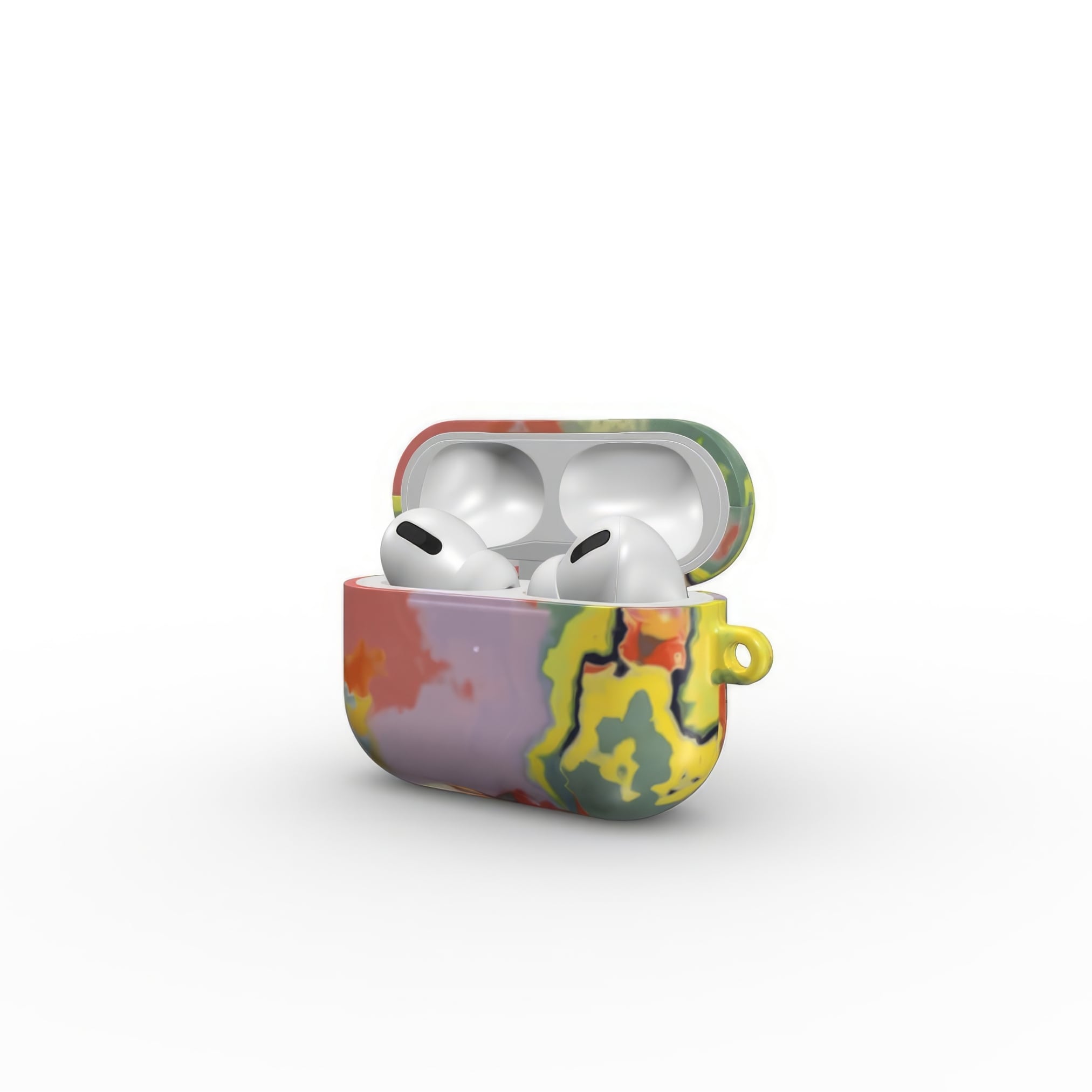 AirPods Pro case side open view; Tropical 2 pattern, artistic, abstract marble pattern. Orange and green color combination.