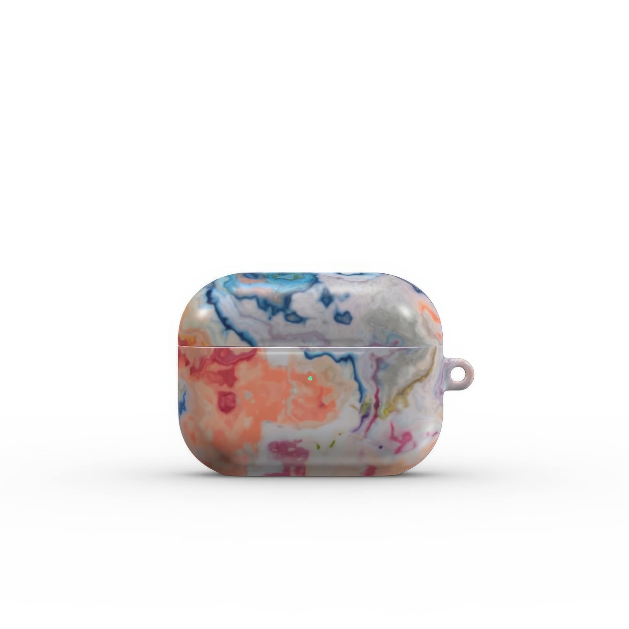 Ultra thin AirPods Pro tough case with a bold vivid pattern Ufo 1 in marble abstract and artistic style, featuring an elegant and expressive aesthetic design. Main colors are blue, orange and red. Front view.