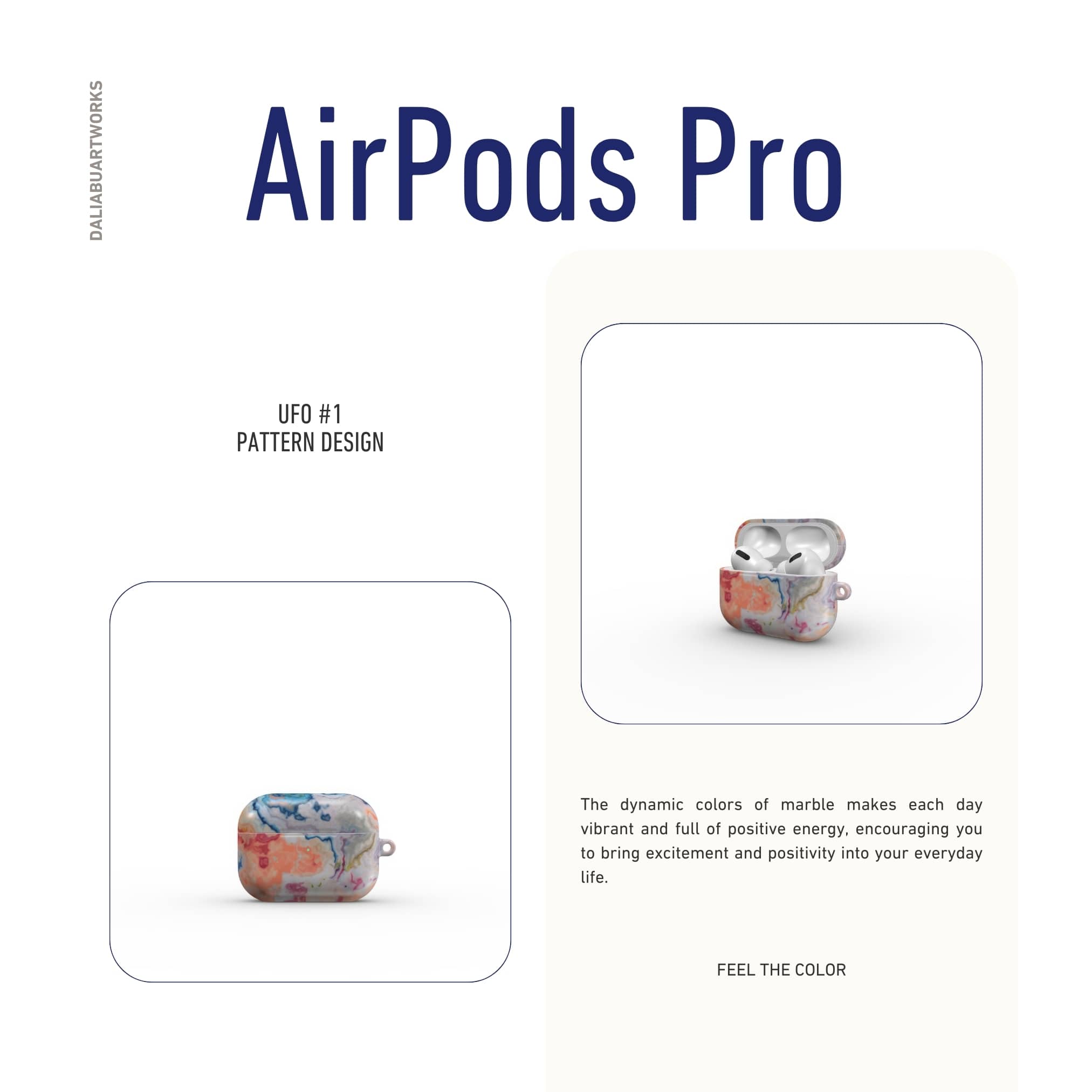 Ultra thin AirPods Pro tough case with a bold vivid pattern Ufo 1 in marble abstract and artistic style, featuring an elegant and expressive aesthetic design. Main colors are blue, orange and red. Front view.