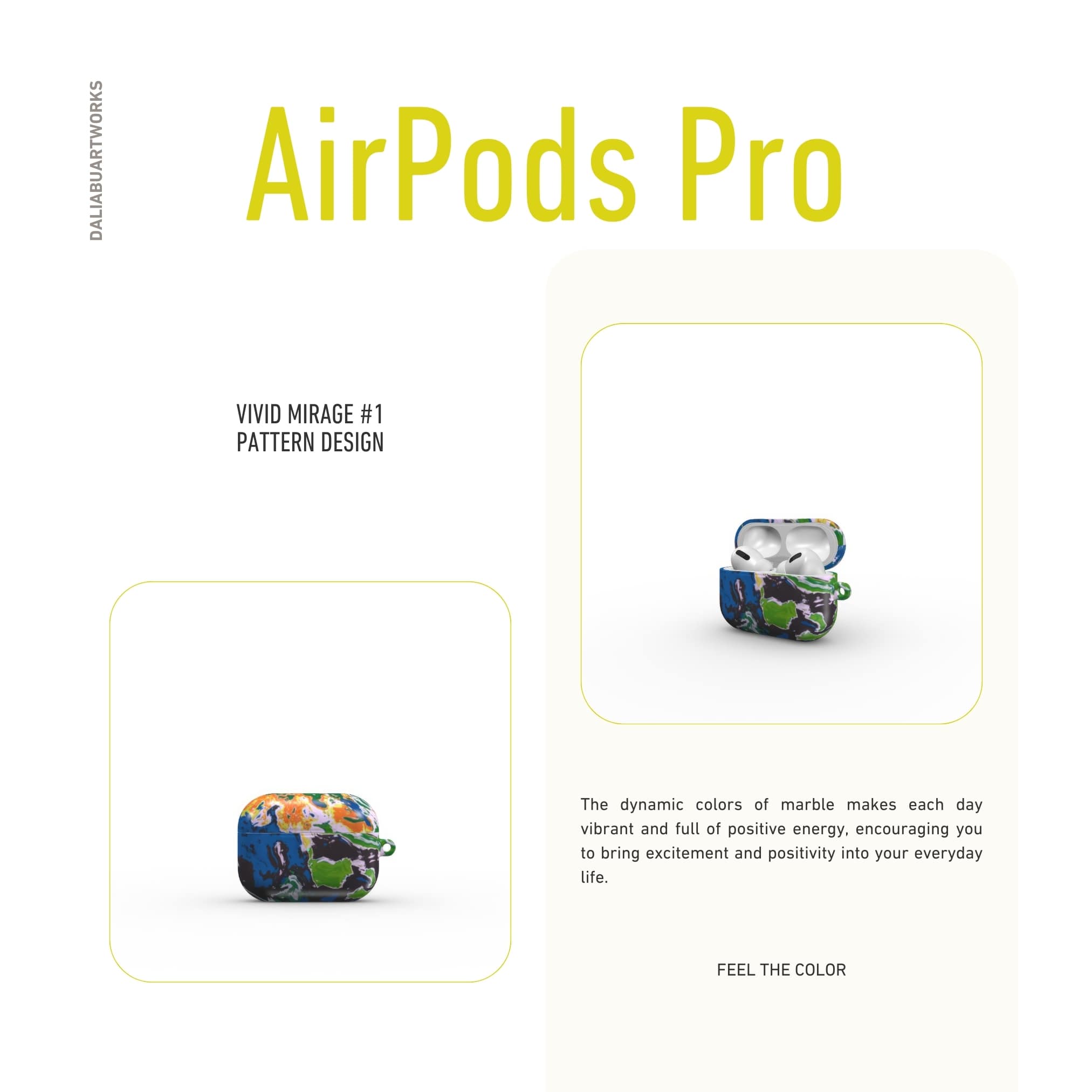 AirPods Pro case with a bold vivid pattern in marble abstract and artistic style, featuring an elegant and expressive aesthetic design. Main colors are blue, green and yellow with slight orange. Front view.