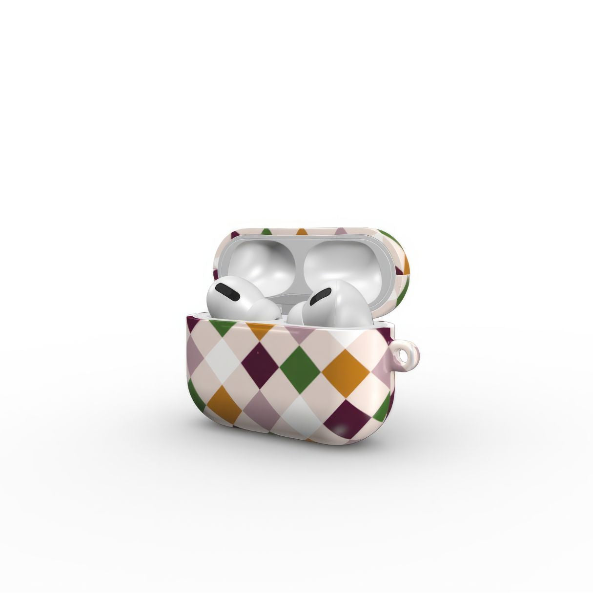 AirPods Pro hard shell ultra thin case Wonder Chess pattern design with a dynamic geometric symmetry in chess style, featuring an elegant and expressive aesthetic design. Main colors are sugar brown, green, deep cherry and pink. Side open view.