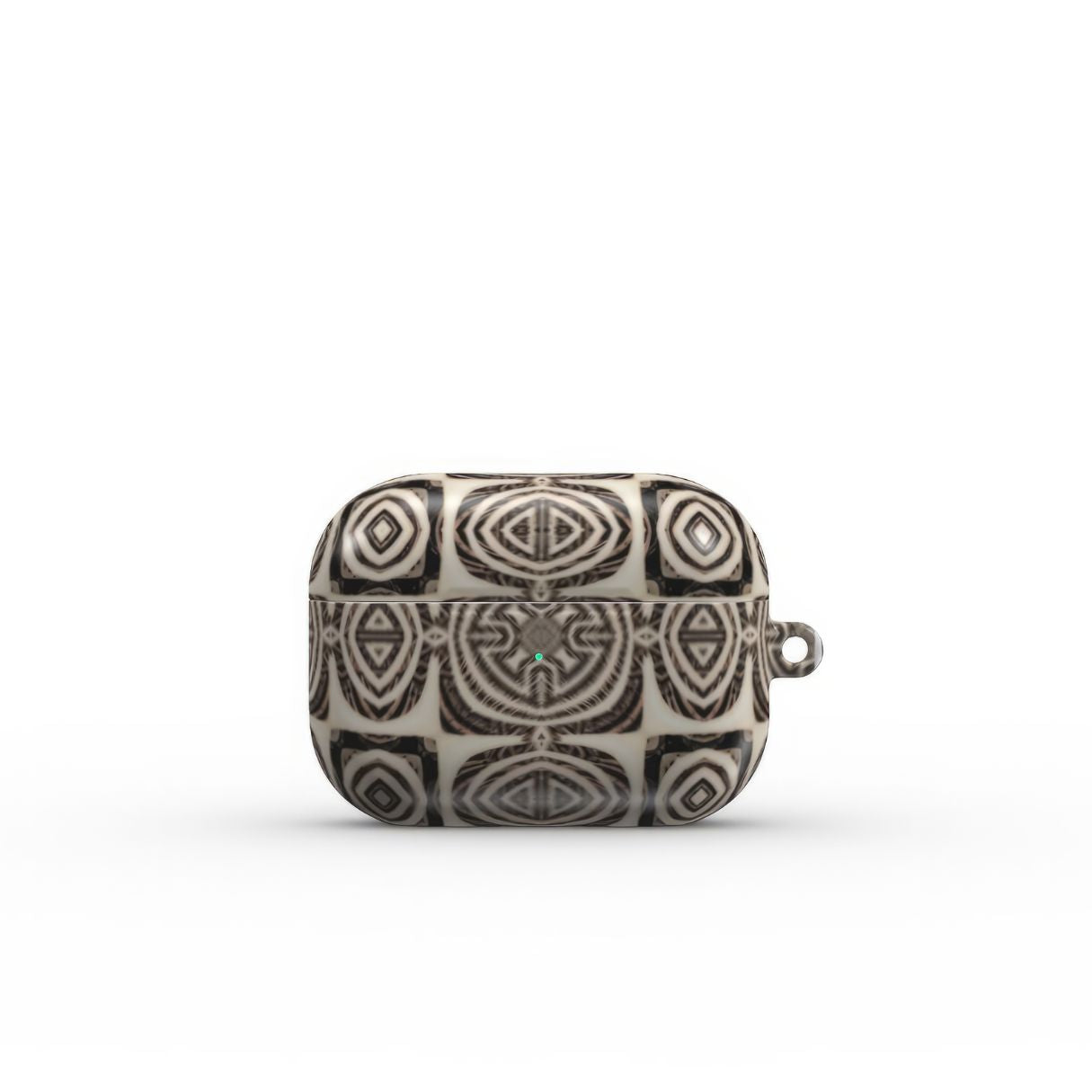 AirPods Pro case front view; Wooden Snake 1 pattern, ornamental pattern; kaleidoscope pattern imagination. Brown color. Bold expressive aesthetic design. Colorful and interior fit. Elegant.