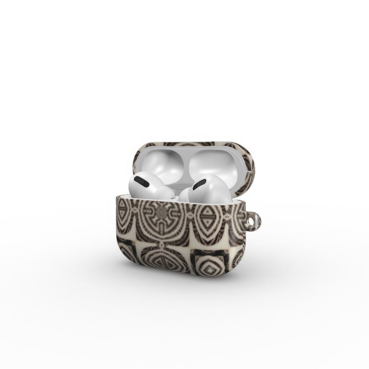 AirPods Pro case side open view; Wooden Snake 1 pattern, ornamental pattern; kaleidoscope pattern imagination. Brown color.