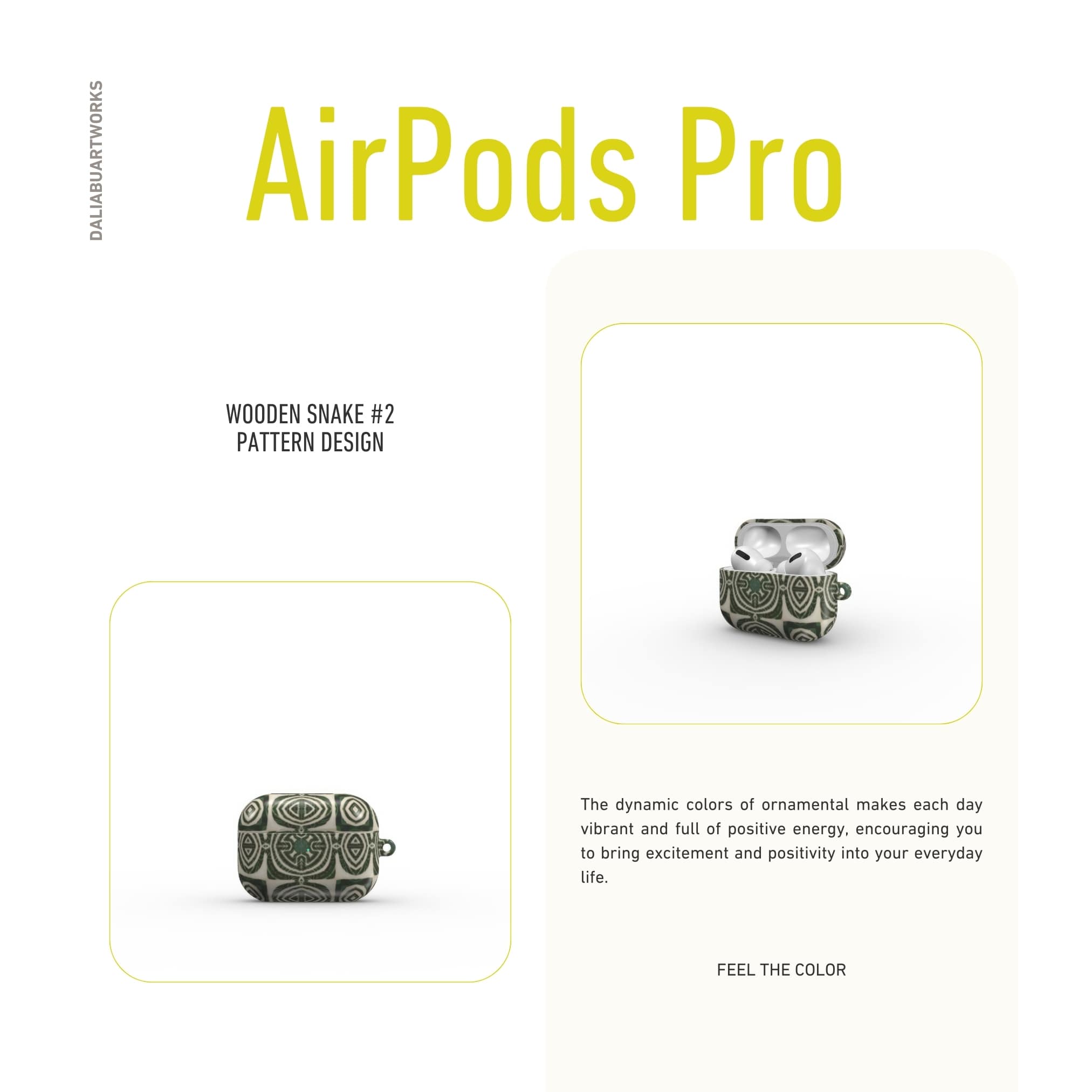 AirPods Pro case front view; wooden snake 2 pattern, ornamental pattern; kaleidoscope pattern imagination. Brown color.