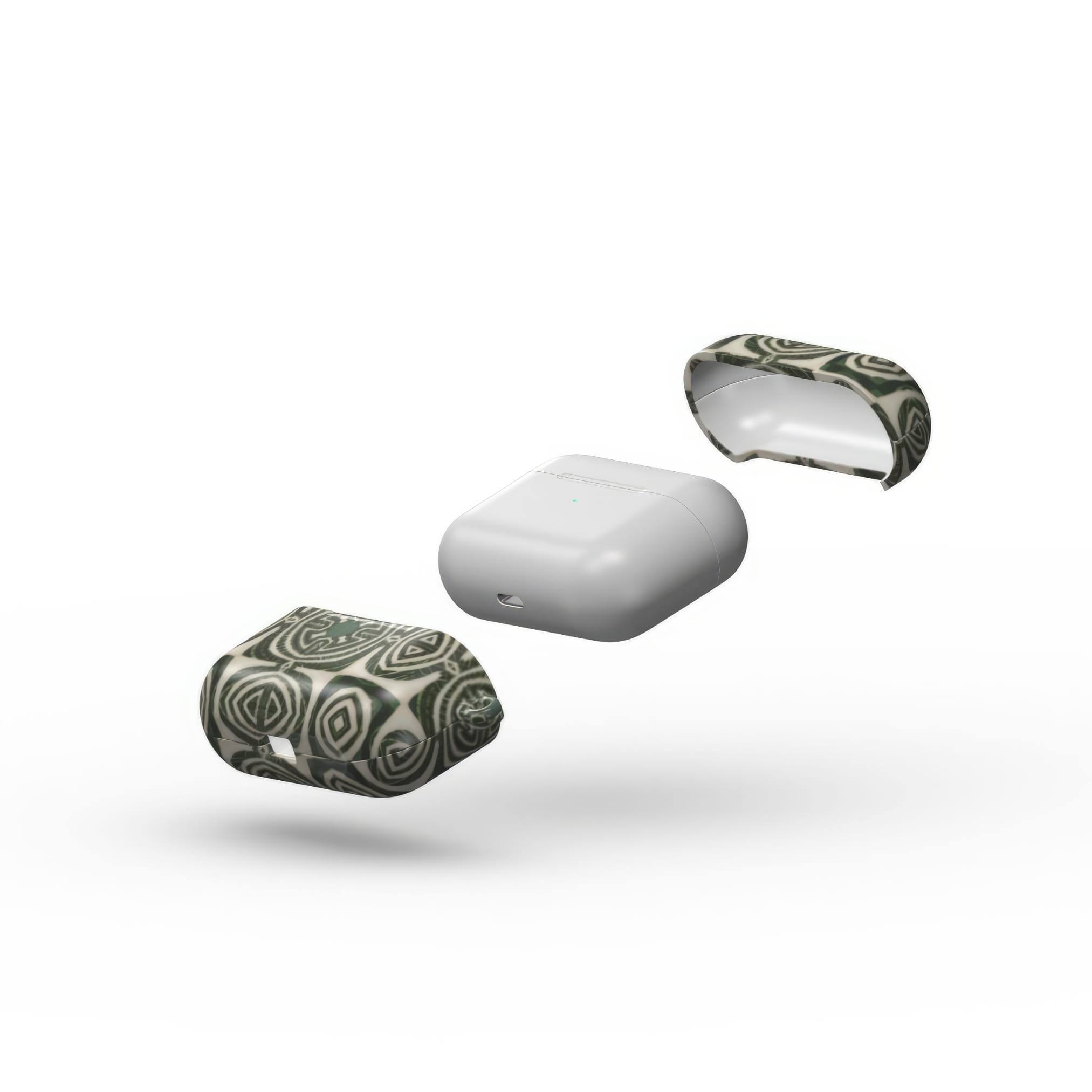 AirPods Pro case extend view; wooden snake 2 pattern, ornamental pattern; kaleidoscope pattern imagination. Green color.