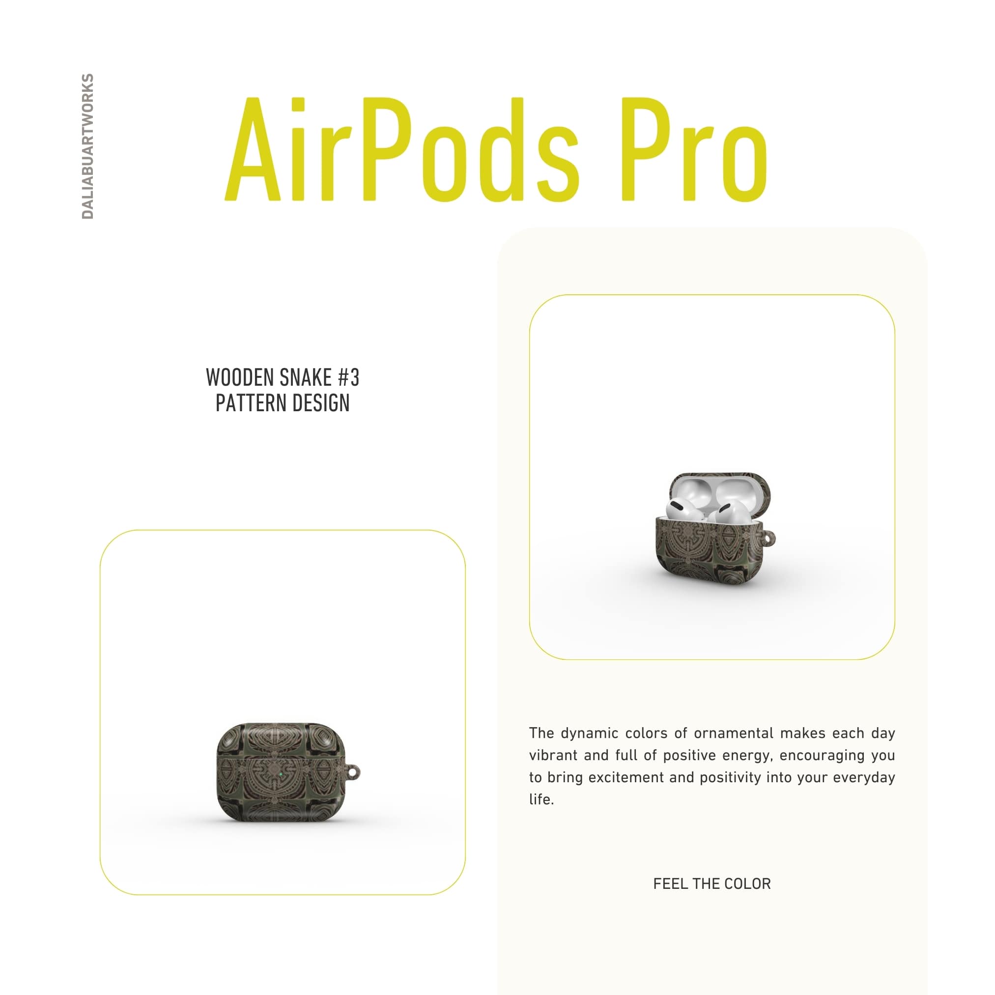 AirPods Pro case front view; wooden snake 3 pattern, ornamental pattern; kaleidoscope pattern imagination. Brown color.