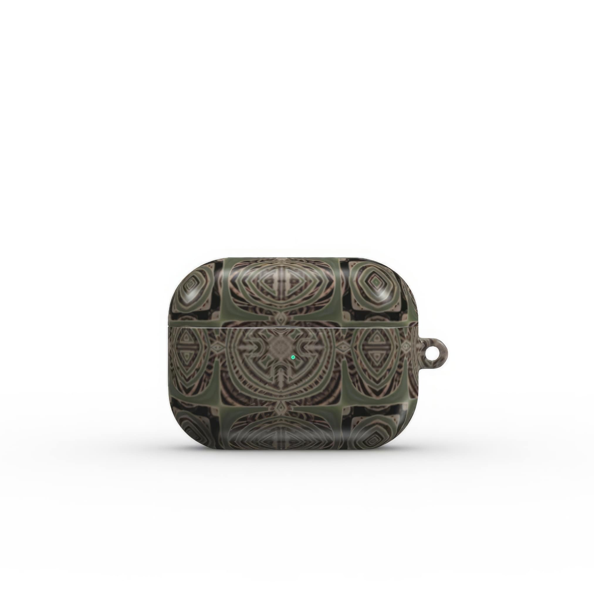 AirPods Pro case front view; wooden snake 3 pattern, ornamental pattern; kaleidoscope pattern imagination. Green color. Bold expressive aesthetic design. Colorful and interior fit. Elegant.